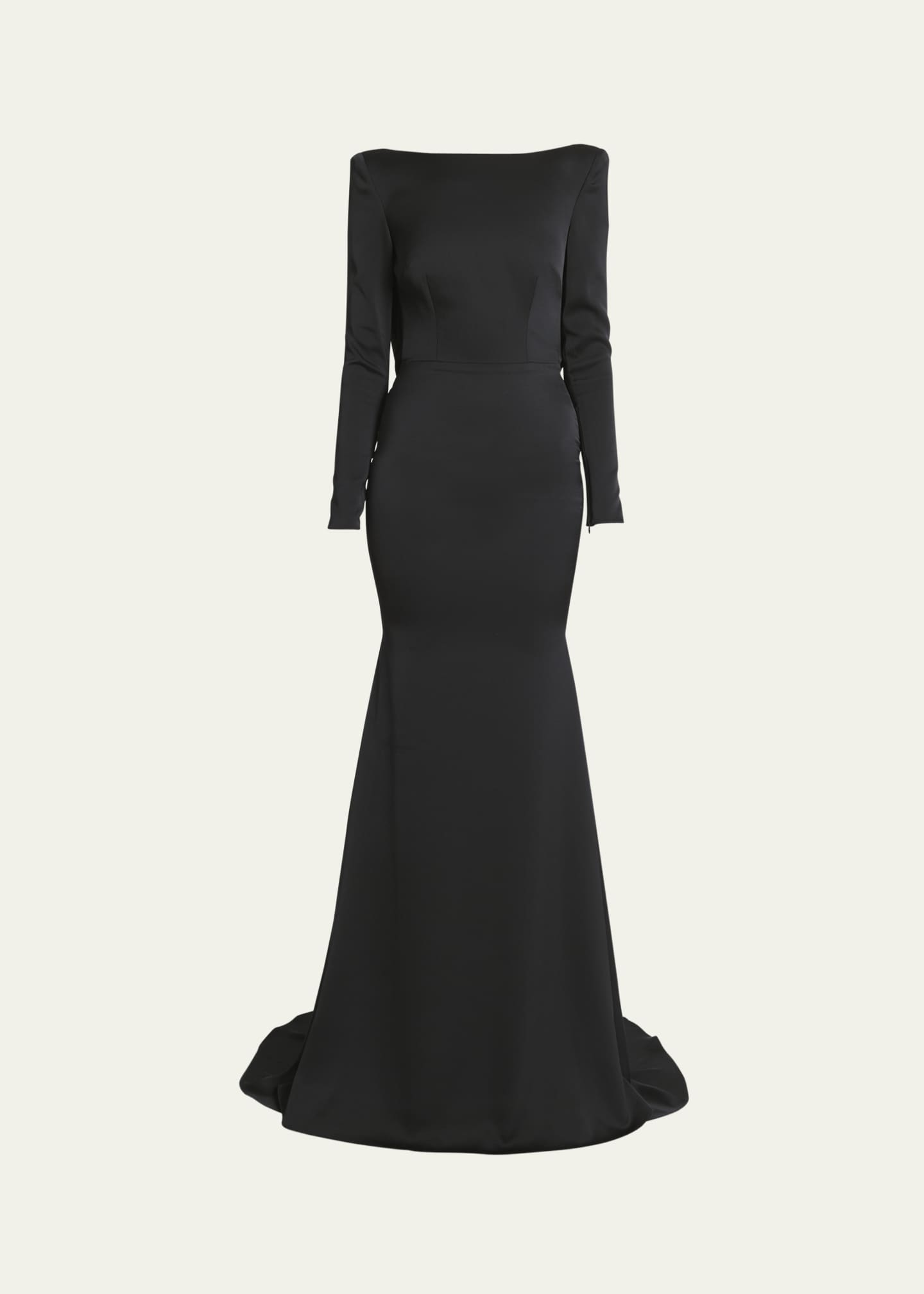Alex Perry Draped Backless Long-Sleeve Trumpet Satin Gown Image 1 of 5