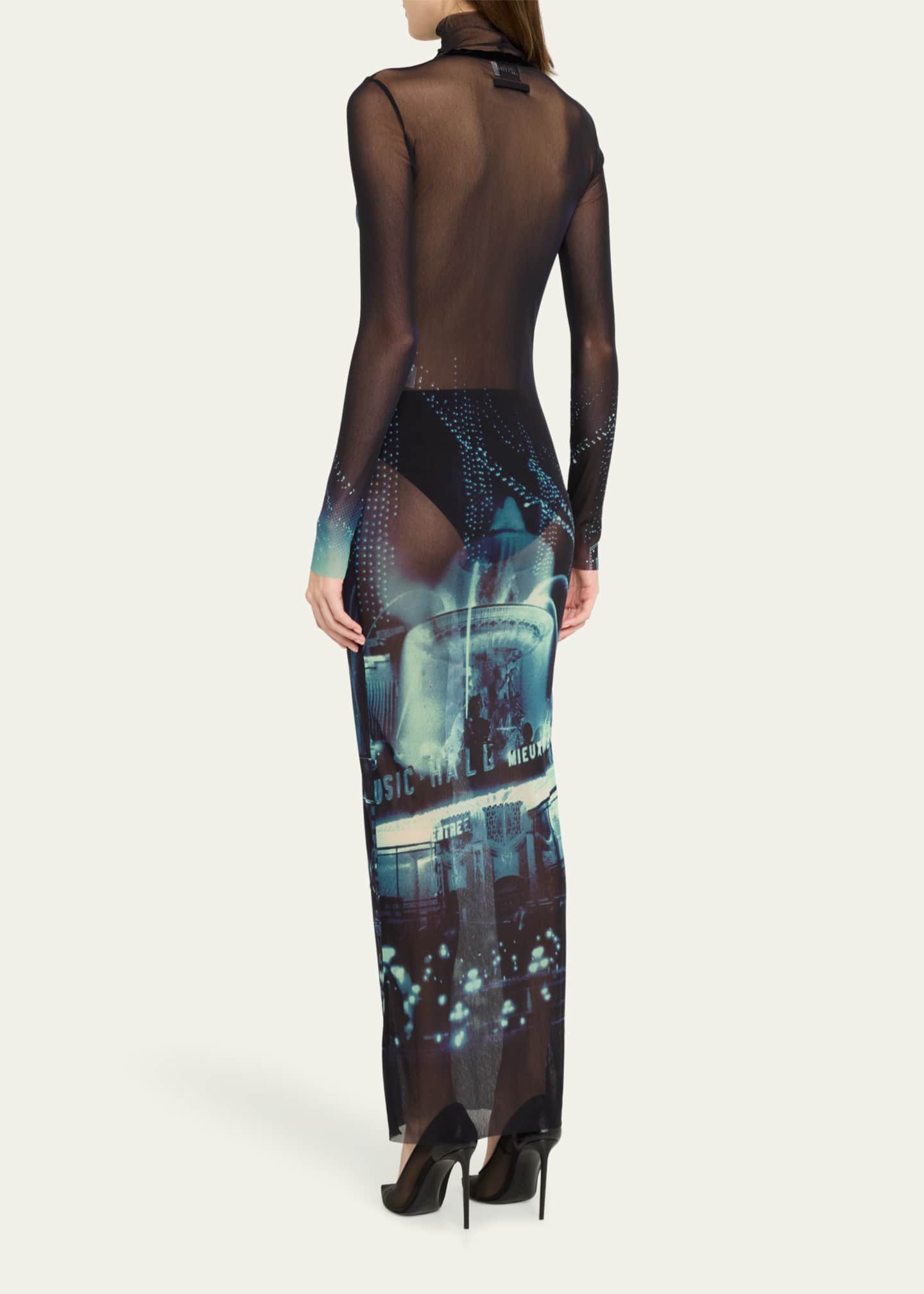 Jean Paul Gaultier Pigalle Printed Mesh Turtleneck Maxi Dress ...
