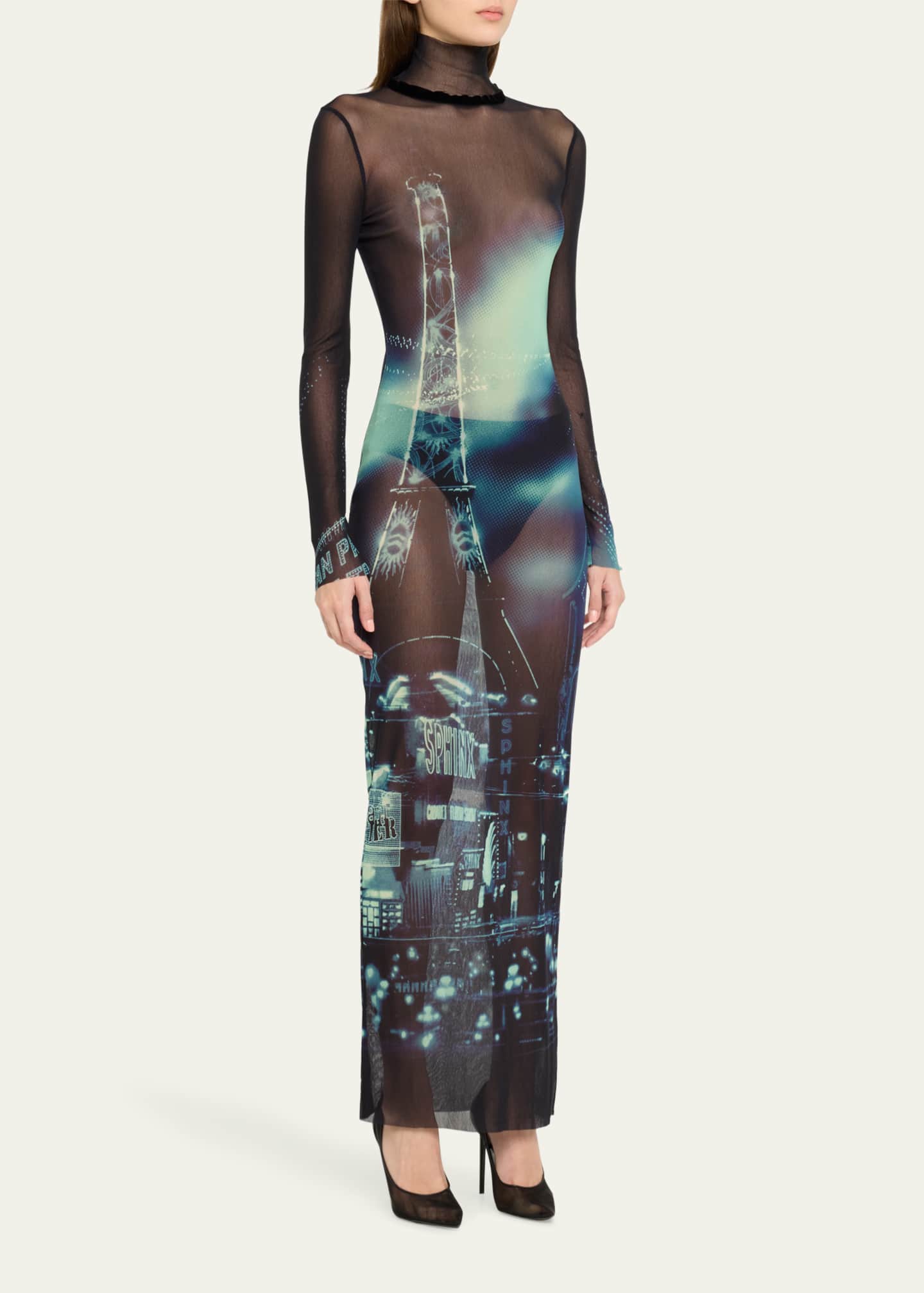 Jean Paul Gaultier Pigalle Printed Mesh Turtleneck Maxi Dress ...
