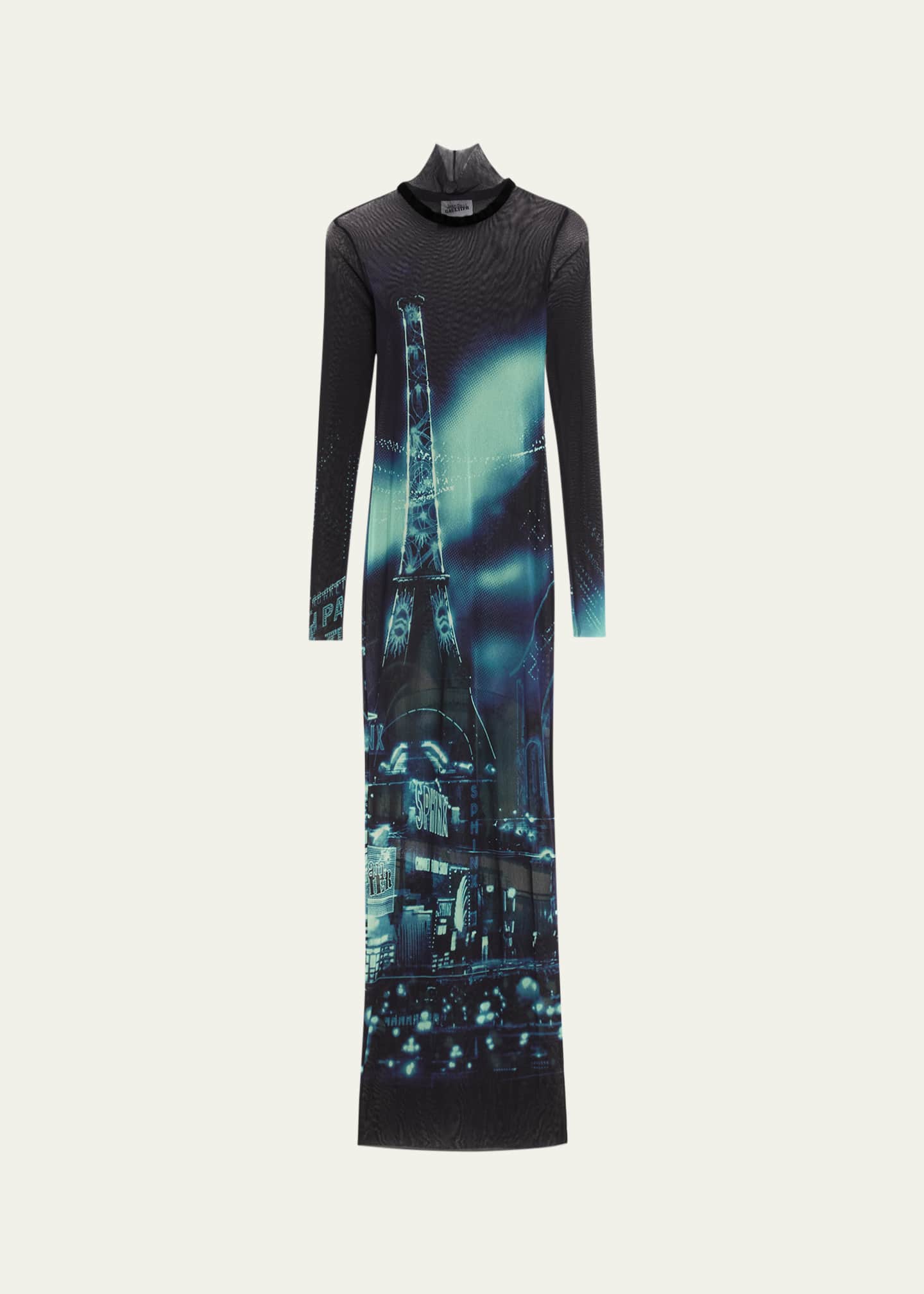 Jean Paul Gaultier Pigalle Printed Mesh Turtleneck Maxi Dress ...