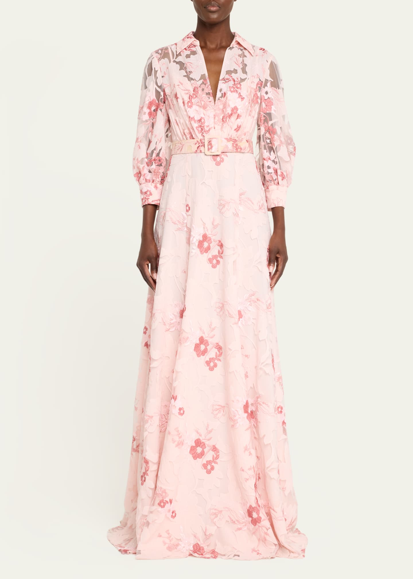 BADGLEY MISCHKA Women s Lace Belted Blouson Sleeve Gown