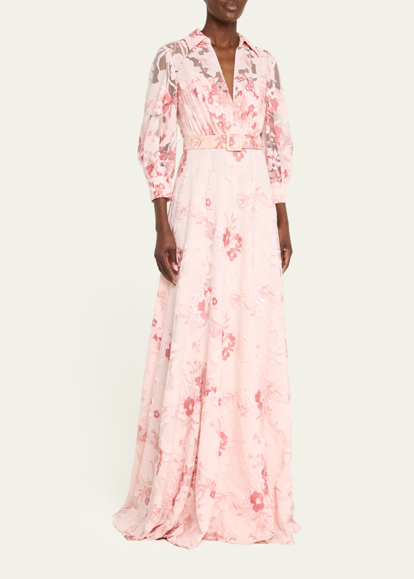 BADGLEY MISCHKA Women s Lace Belted Blouson Sleeve Gown