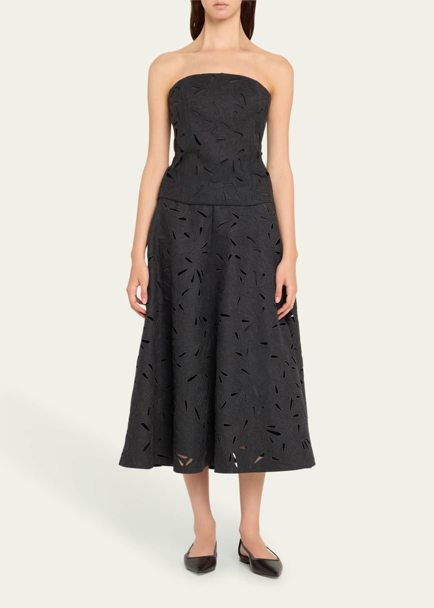 Brunello Cucinelli Flannel Wool A-Line Midi Skirt with Laser-Cut Floral Embroidery Image 2 of 5