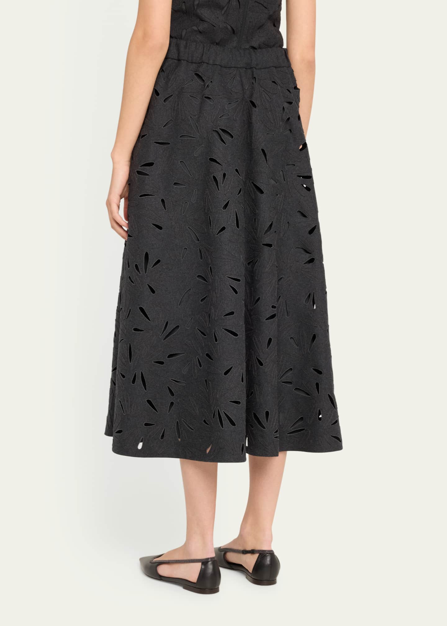 Brunello Cucinelli Flannel Wool A-Line Midi Skirt with Laser-Cut Floral Embroidery Image 3 of 5