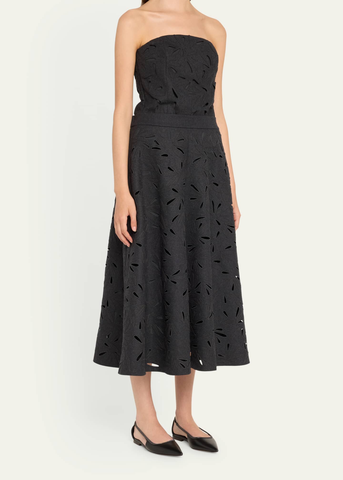 Brunello Cucinelli Flannel Wool A-Line Midi Skirt with Laser-Cut Floral Embroidery Image 4 of 5