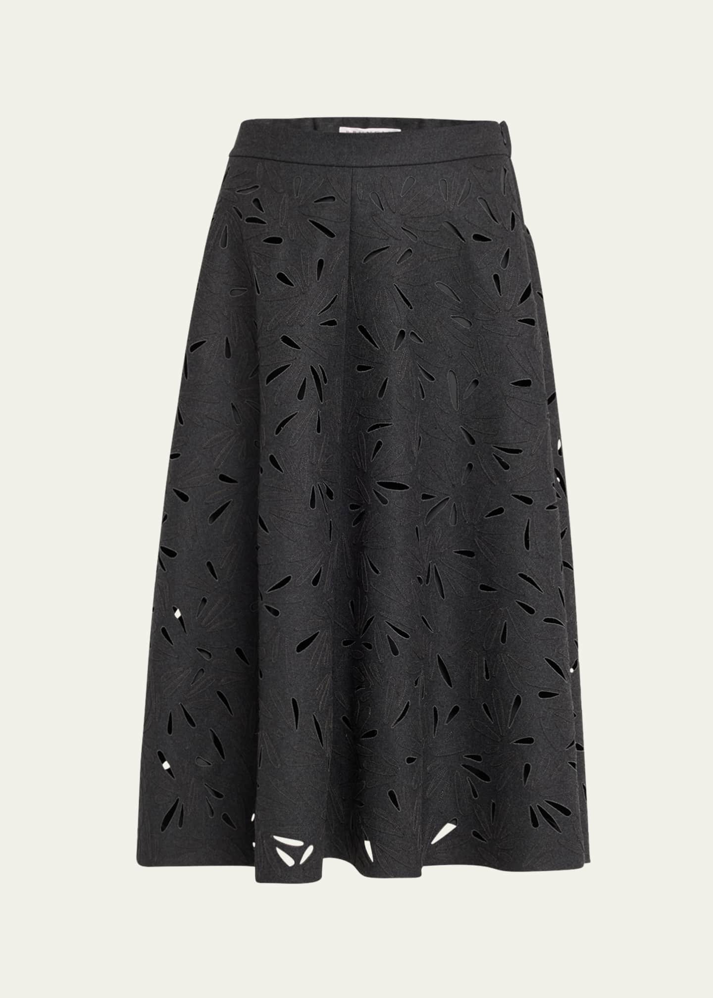 Brunello Cucinelli Flannel Wool A-Line Midi Skirt with Laser-Cut Floral Embroidery Image 1 of 5