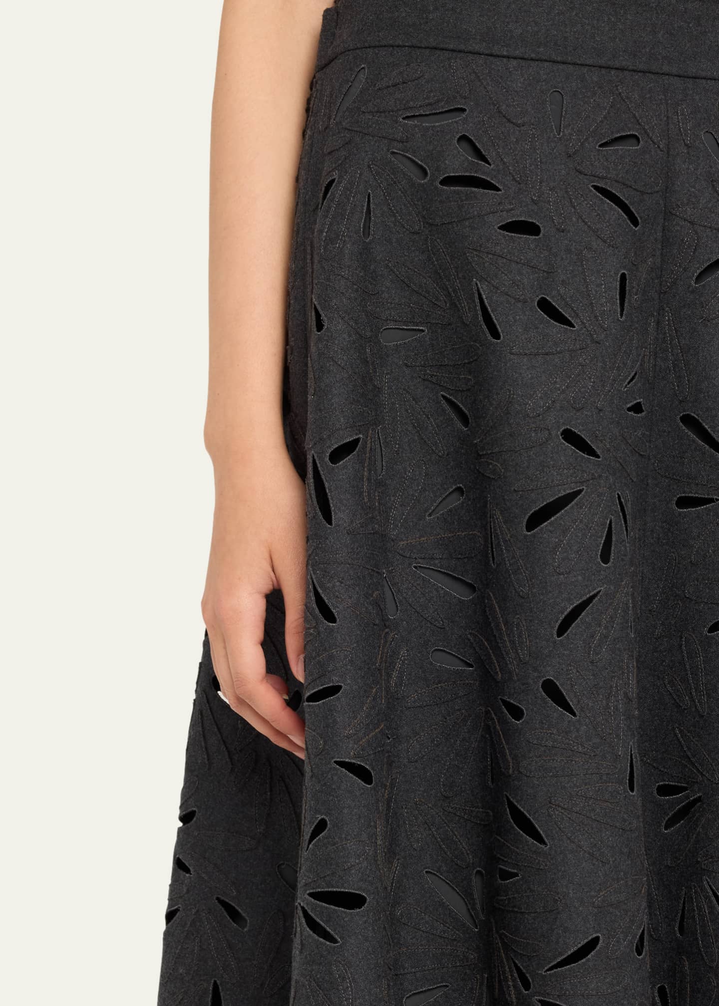 Brunello Cucinelli Flannel Wool A-Line Midi Skirt with Laser-Cut Floral Embroidery Image 5 of 5