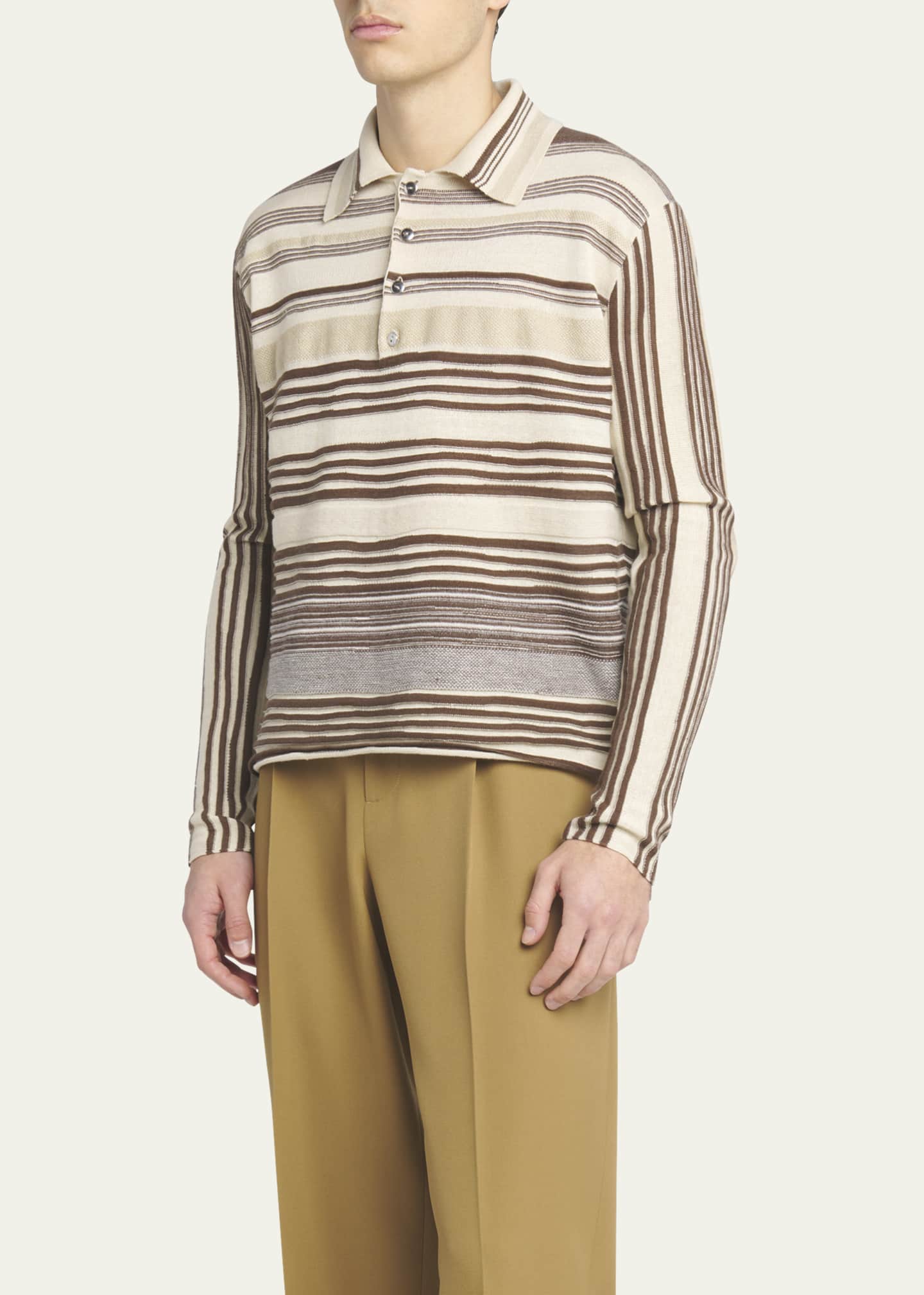 Bottega Veneta Men's Striped Linen-Blend Polo Shirt Image 4 of 5