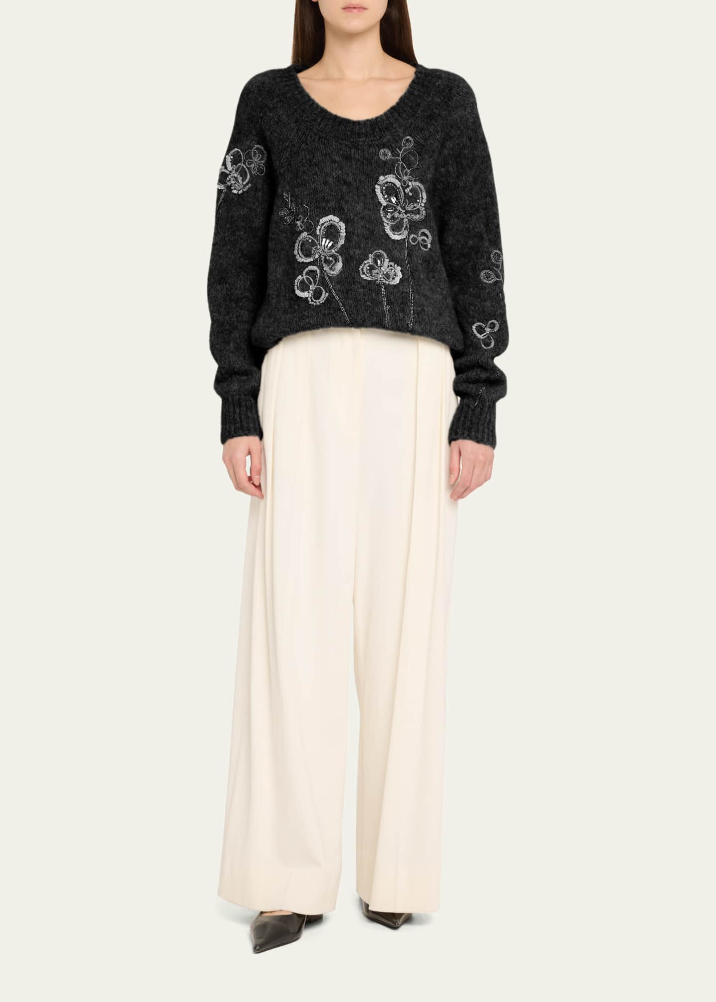 Flower Embroidered Alpaca Wool Sweater - Thumbnail 2