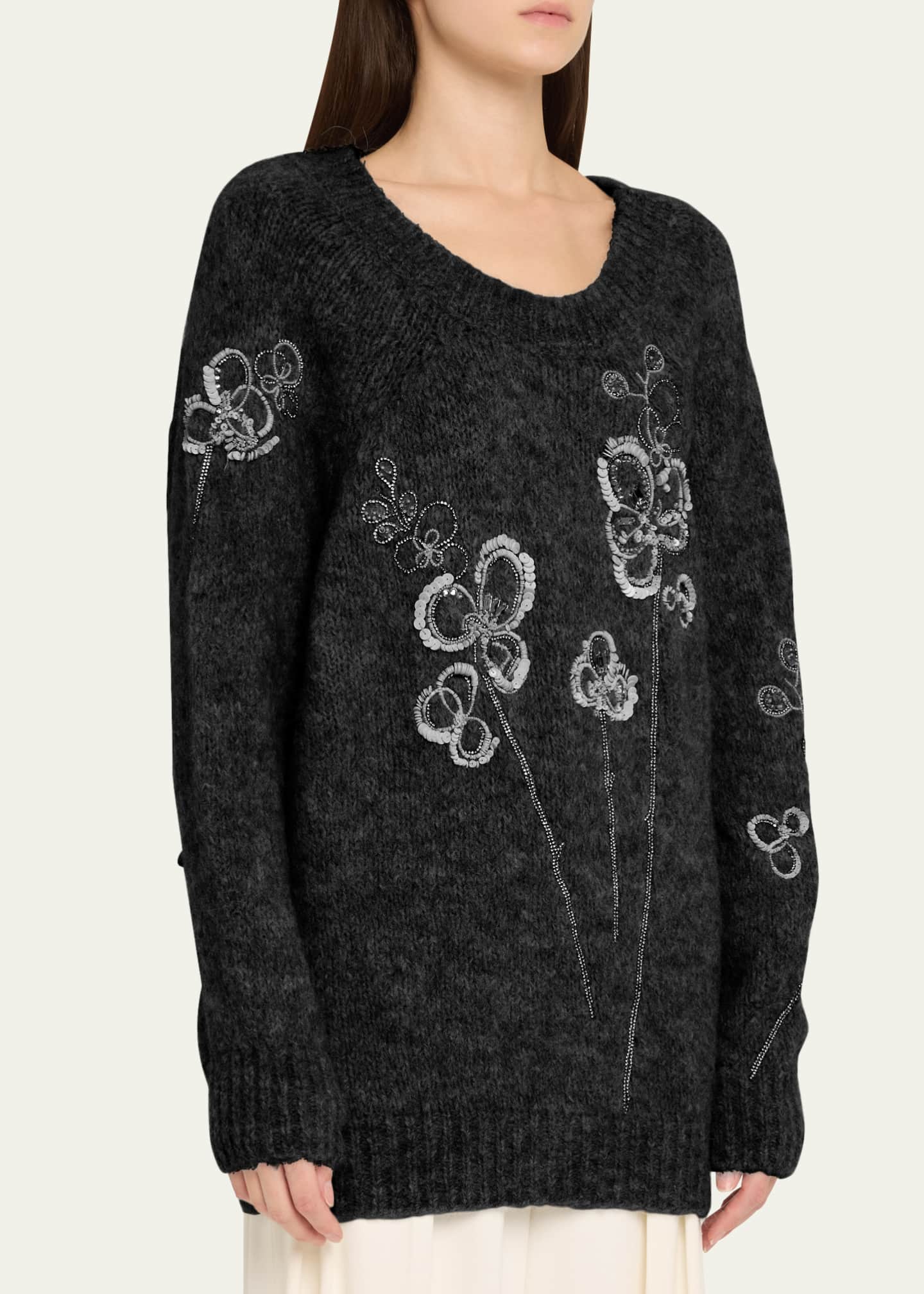 Flower Embroidered Alpaca Wool Sweater - Thumbnail 4