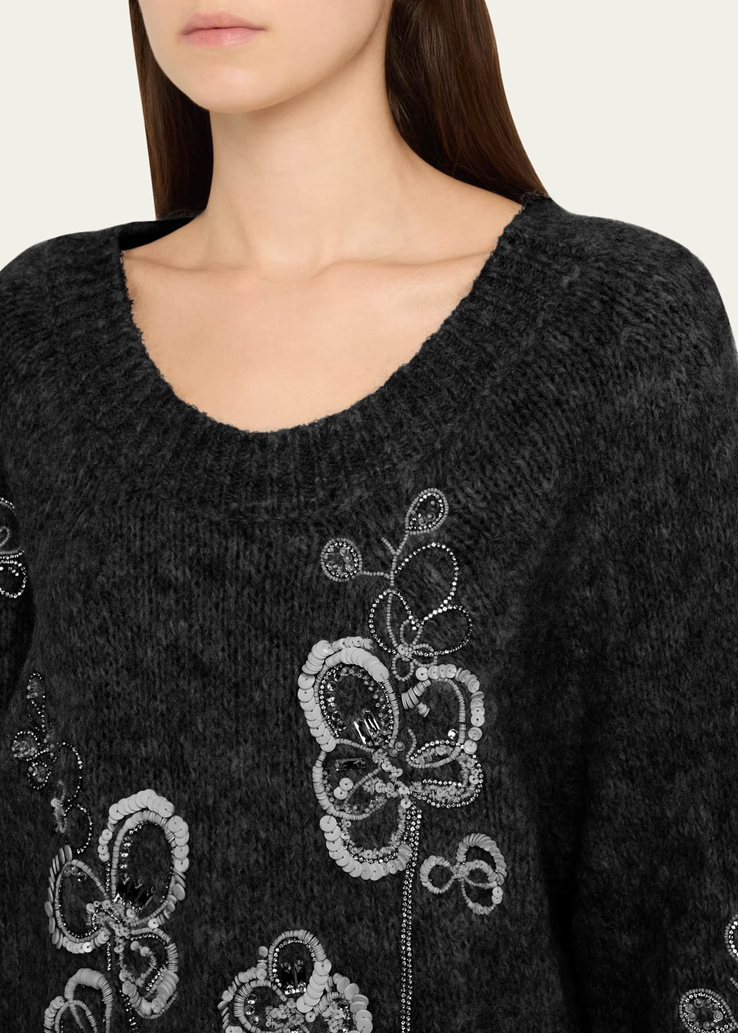 Flower Embroidered Alpaca Wool Sweater - Thumbnail 5