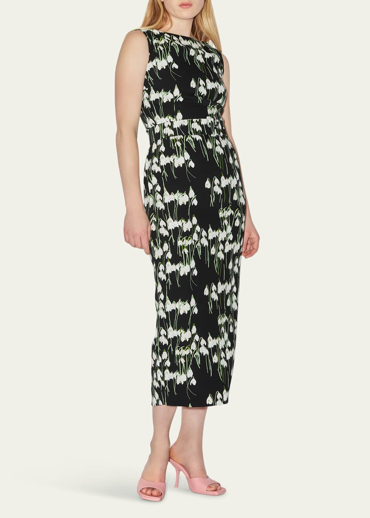 BERNADETTE Flower-Print Boat-Neck Belted Midi Dress Image 2 of 5