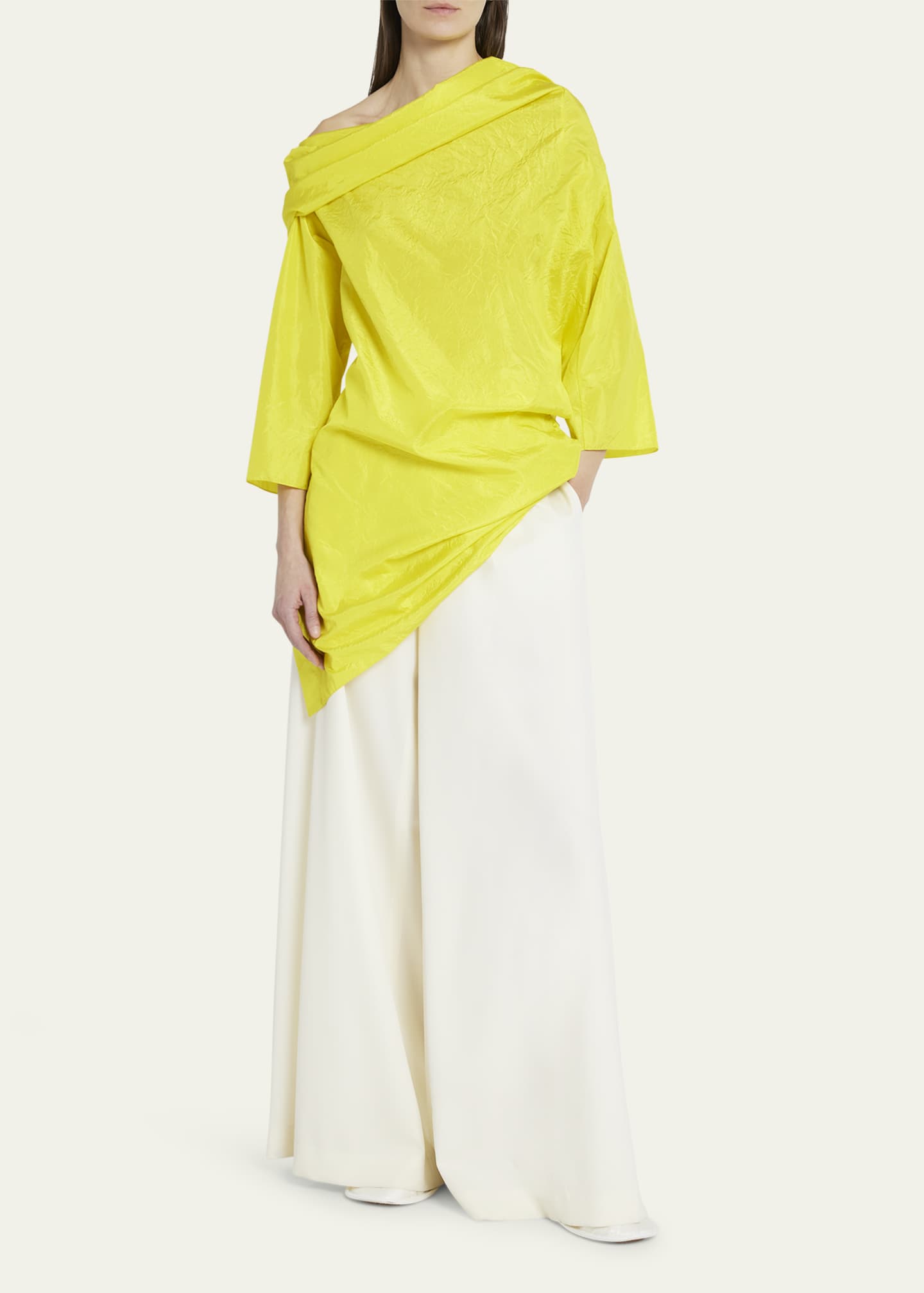 THE ROW Sifo Draped One-Shoulder Long-Sleeve Crinkle Silk Top Image 2 of 5