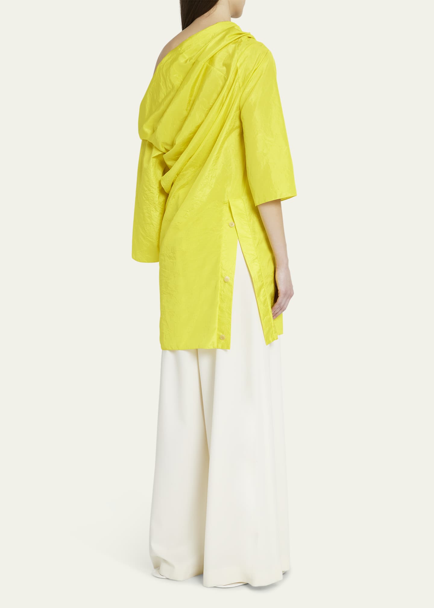 THE ROW Sifo Draped One-Shoulder Long-Sleeve Crinkle Silk Top Image 3 of 5
