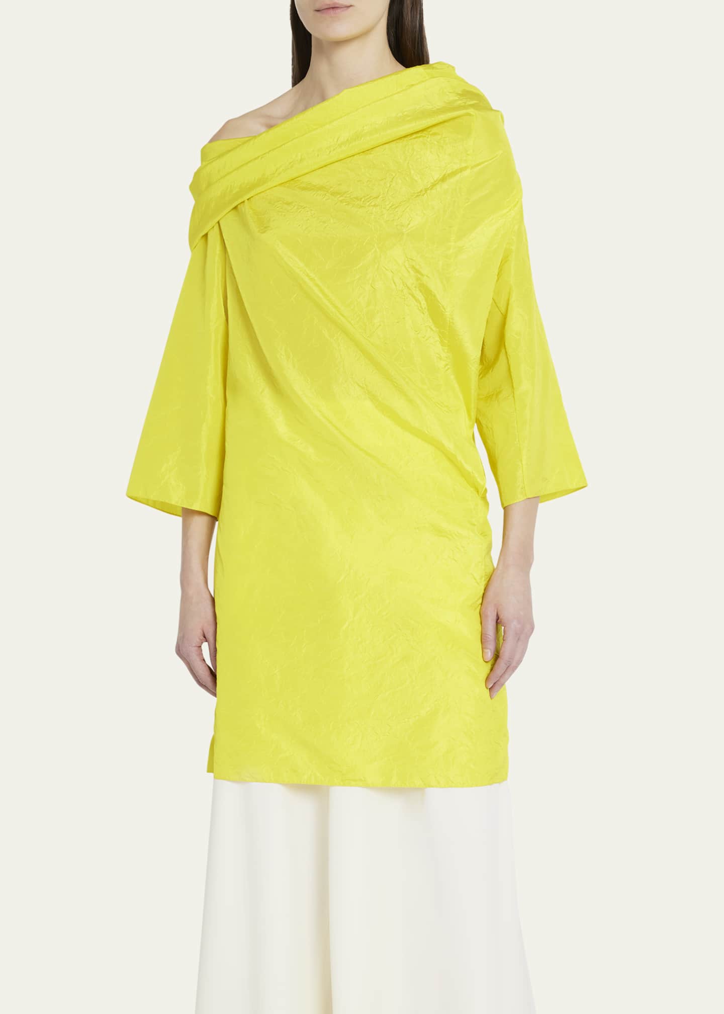THE ROW Sifo Draped One-Shoulder Long-Sleeve Crinkle Silk Top Image 4 of 5