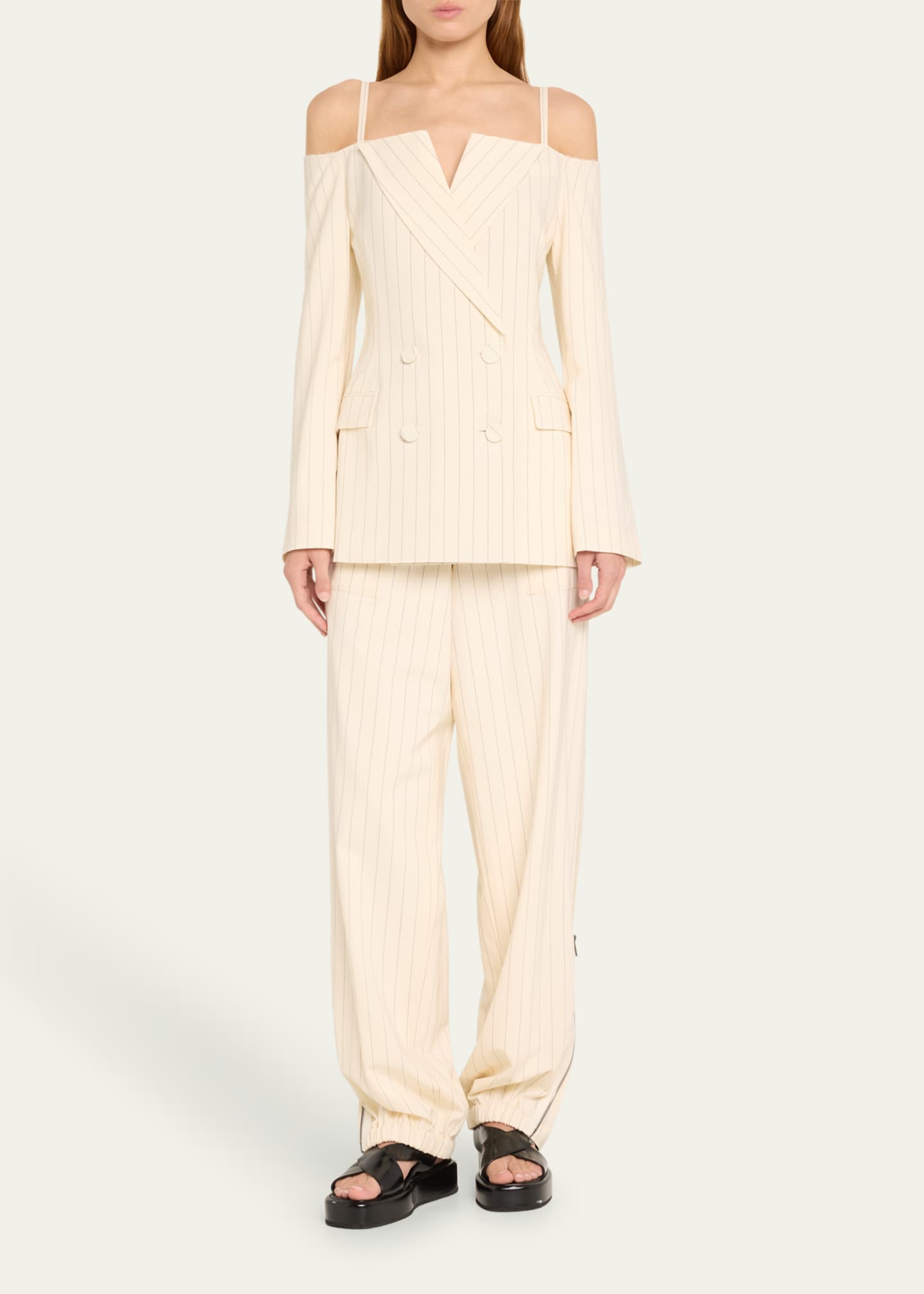 Monse Pinstripe Cold-Shoulder Double Breasted Wool Blazer Image 2 of 5