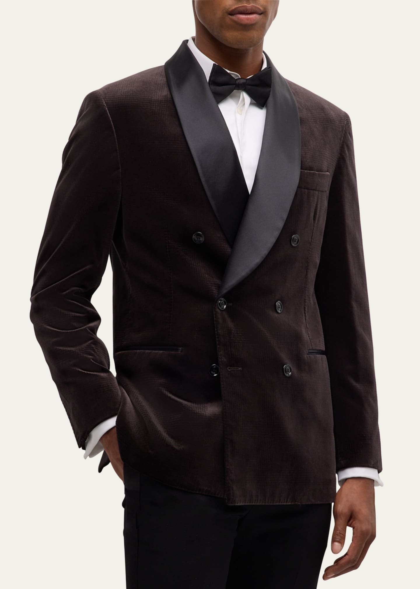 Brunello Cucinelli Men's Velvet Satin-Lapel Double-Breasted Dinner Jacket Image 4 of 5