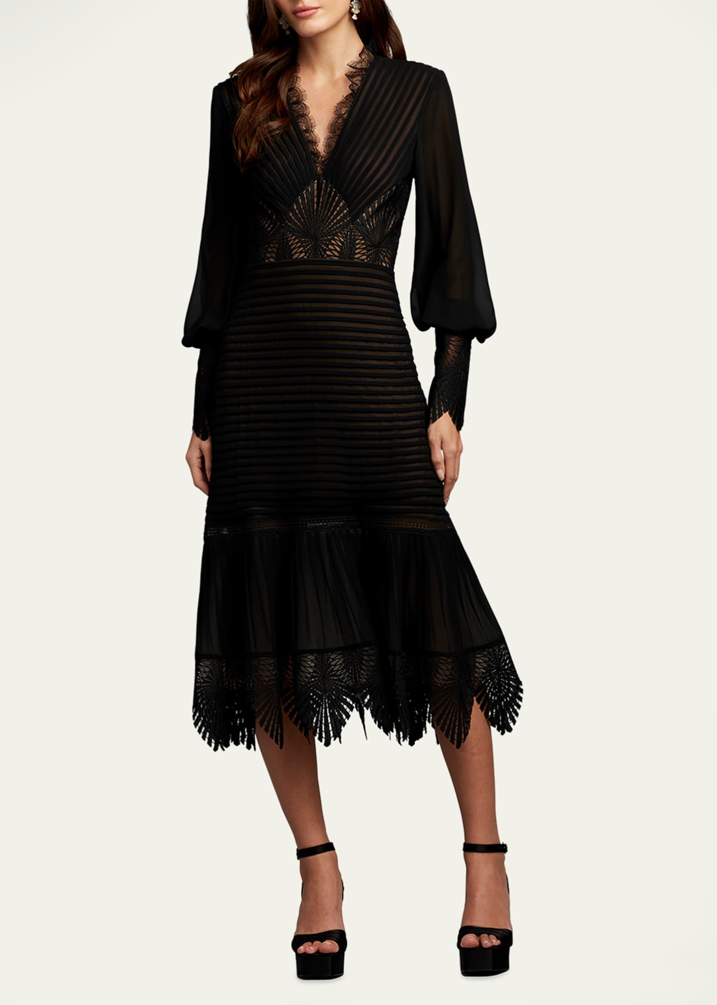 Tadashi Shoji Lace-Inset Pleated Chiffon Midi Dress Image 2 of 5