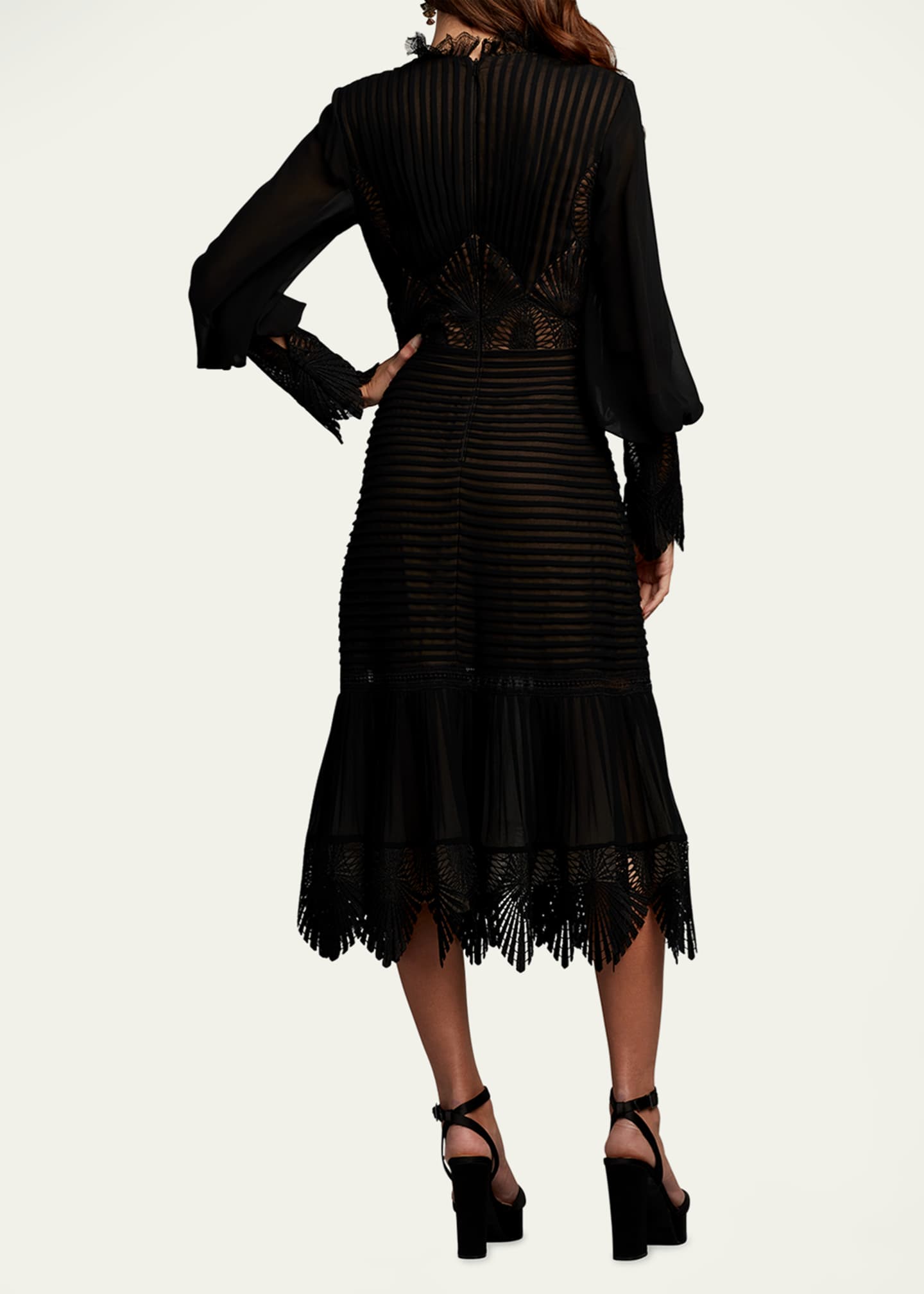 Tadashi Shoji Lace-Inset Pleated Chiffon Midi Dress Image 3 of 5