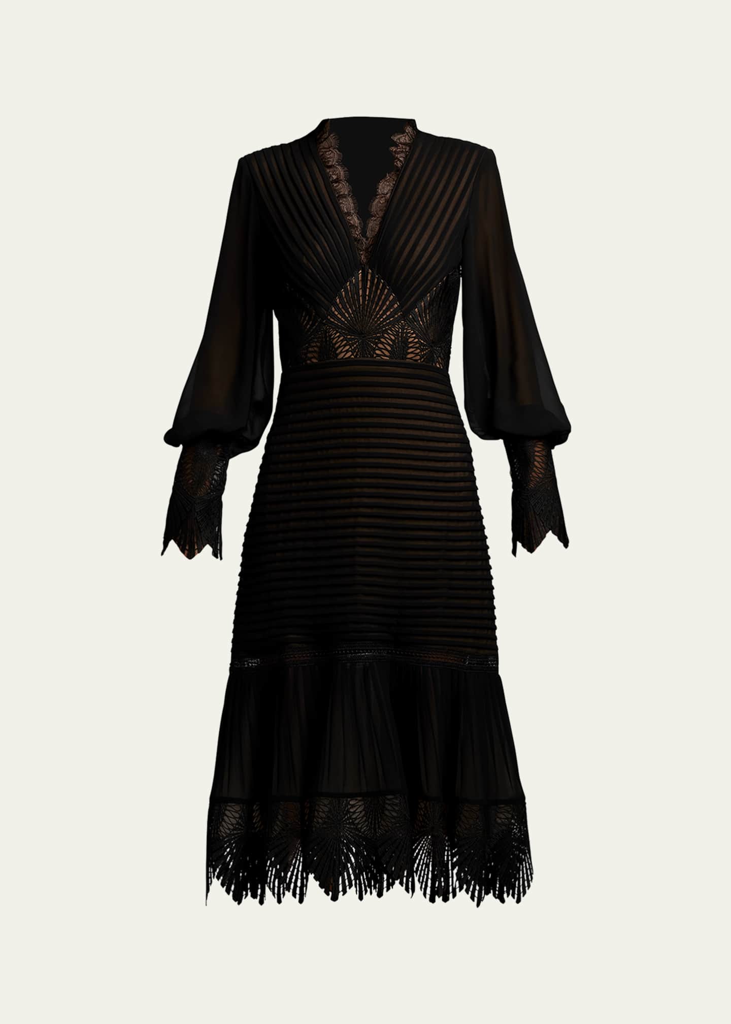 Tadashi Shoji Lace-Inset Pleated Chiffon Midi Dress Image 1 of 5