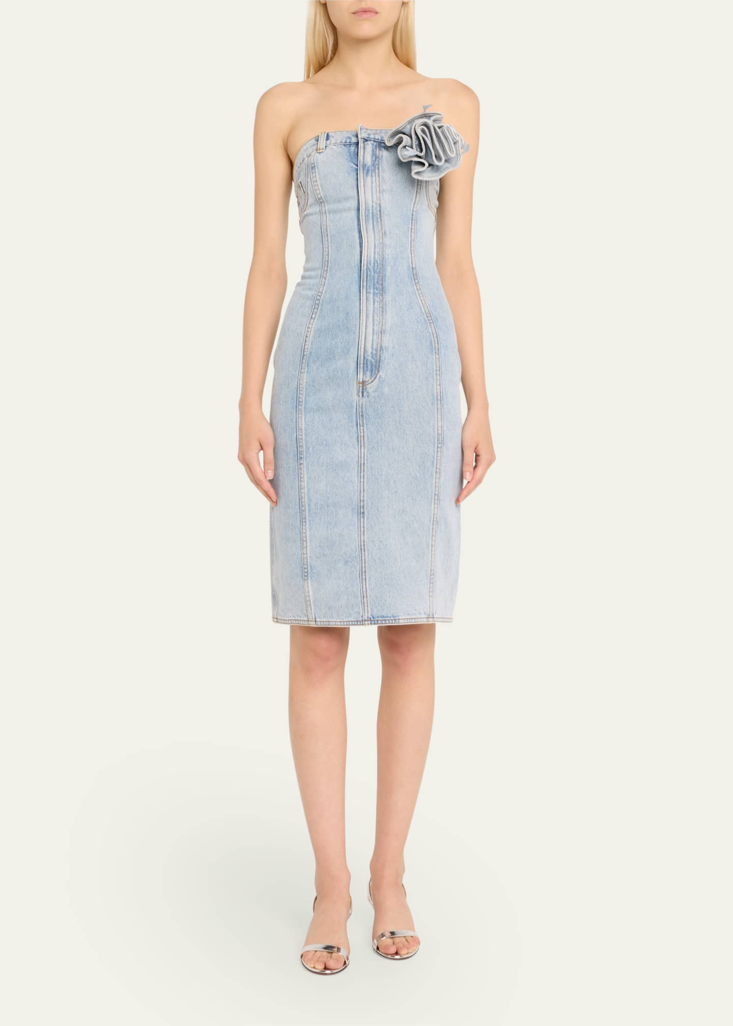 AREA Strapless Denim Midi Dress with Flower Corsage Image 2 of 5