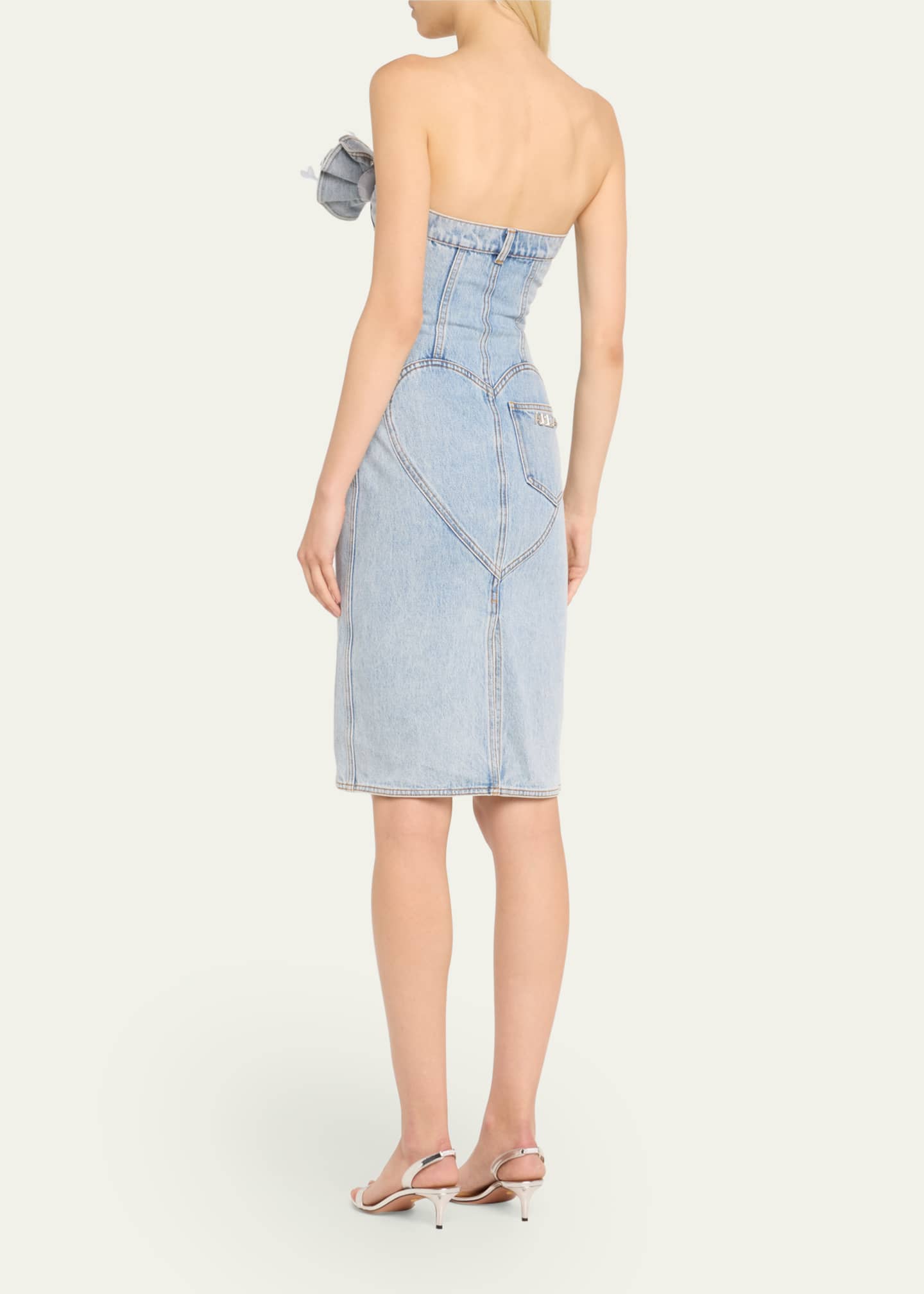 AREA Strapless Denim Midi Dress with Flower Corsage Image 3 of 5