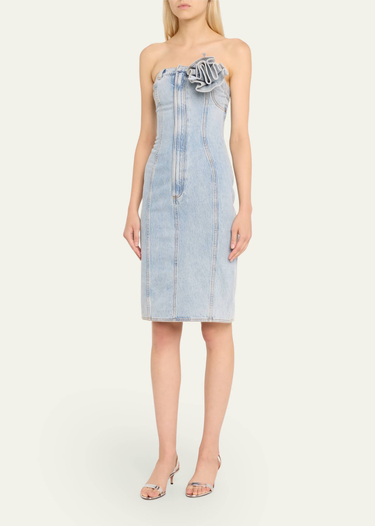 AREA Strapless Denim Midi Dress with Flower Corsage Image 4 of 5