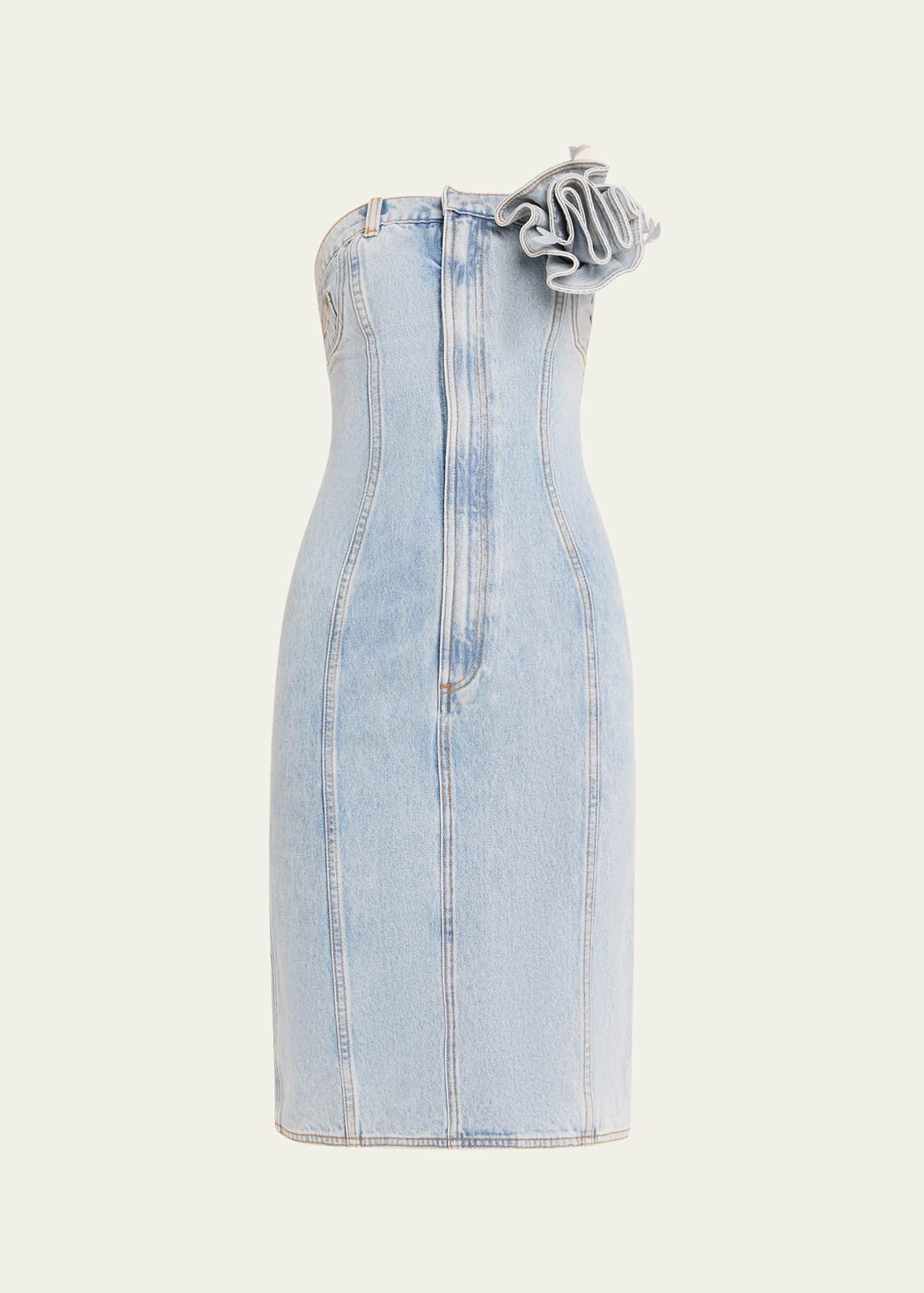 AREA Strapless Denim Midi Dress with Flower Corsage Image 1 of 5