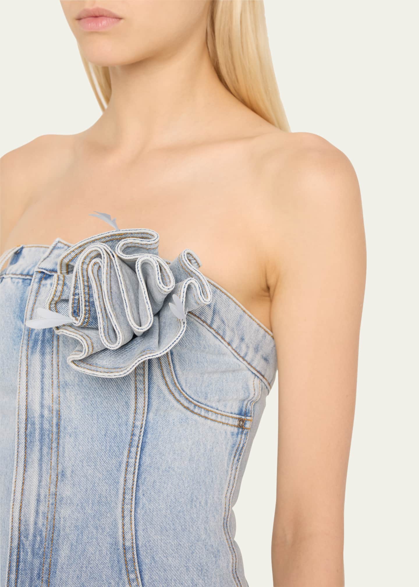 AREA Strapless Denim Midi Dress with Flower Corsage Image 5 of 5