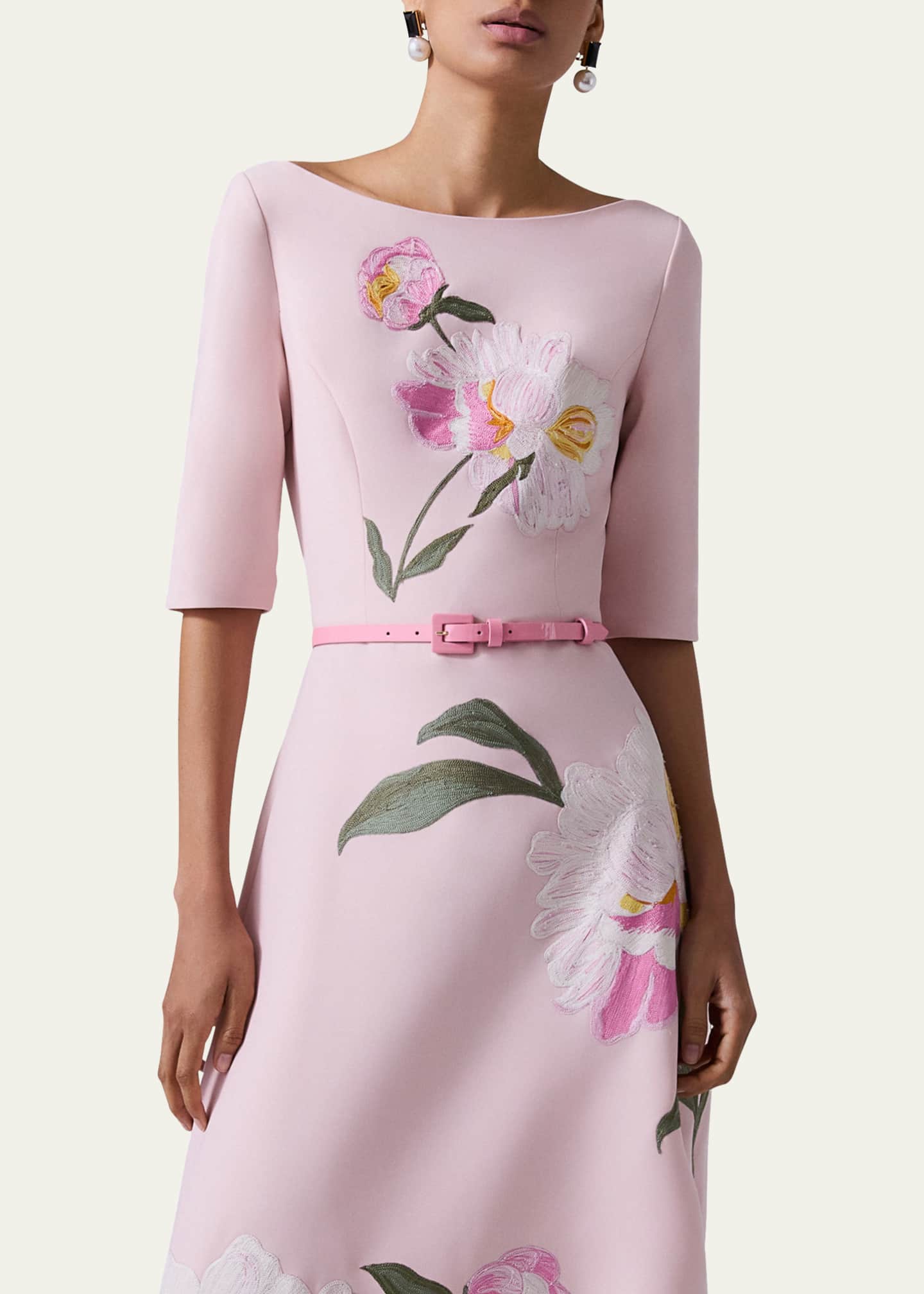 Carolina Herrera Floral Embroidered Boat Neck Midi Dress