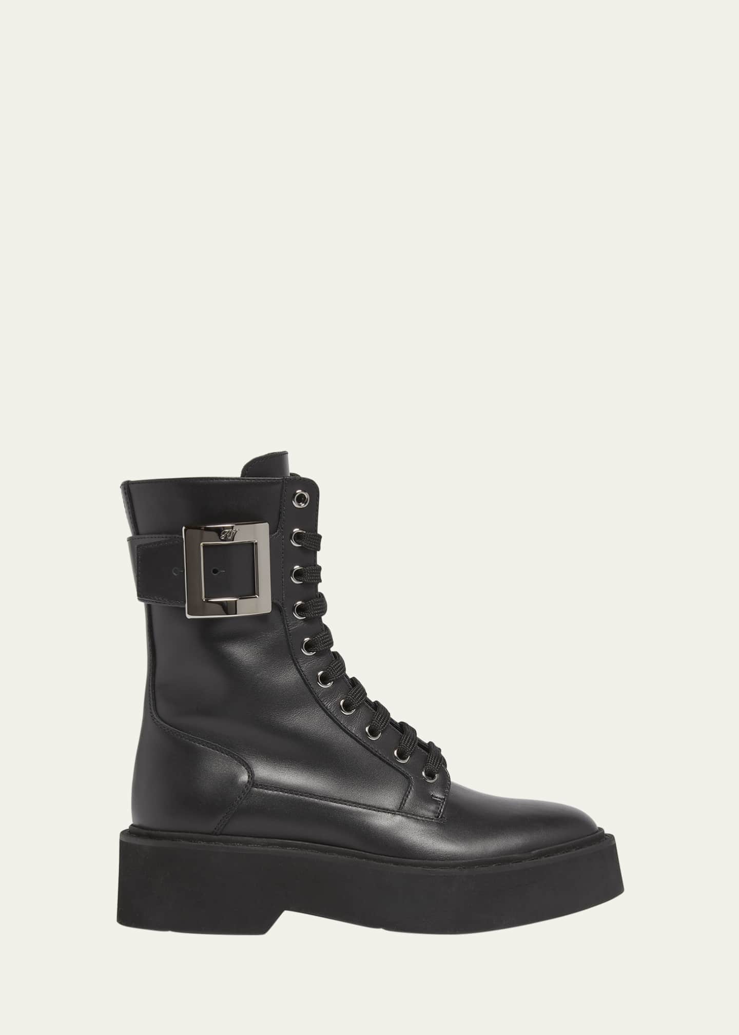 Roger Vivier Viv Rangers Leather Buckle Combat Boots Image 1 of 3
