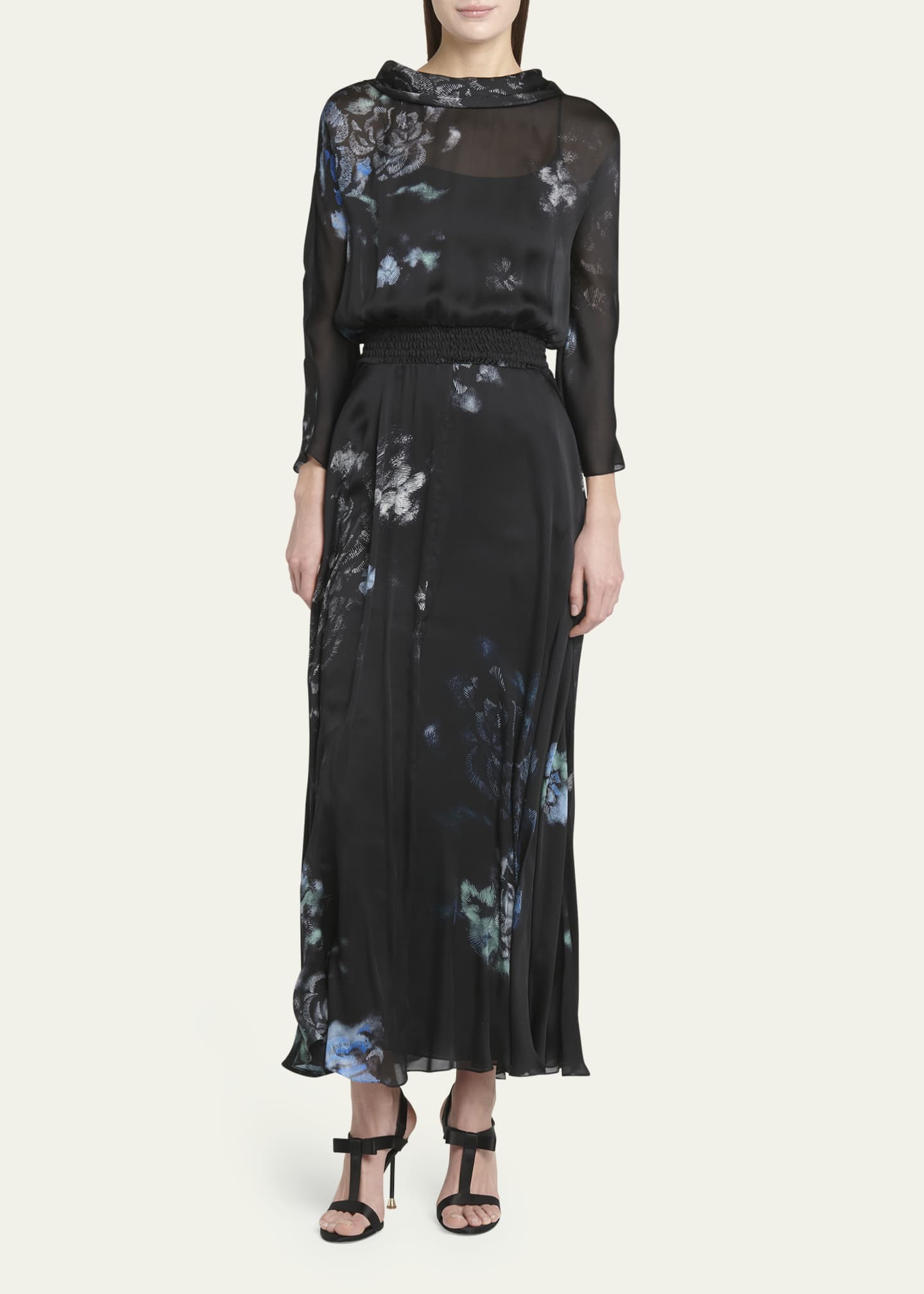 Giorgio Armani Floral Print Silk Gown with Smocked Waist Image 2 of 5