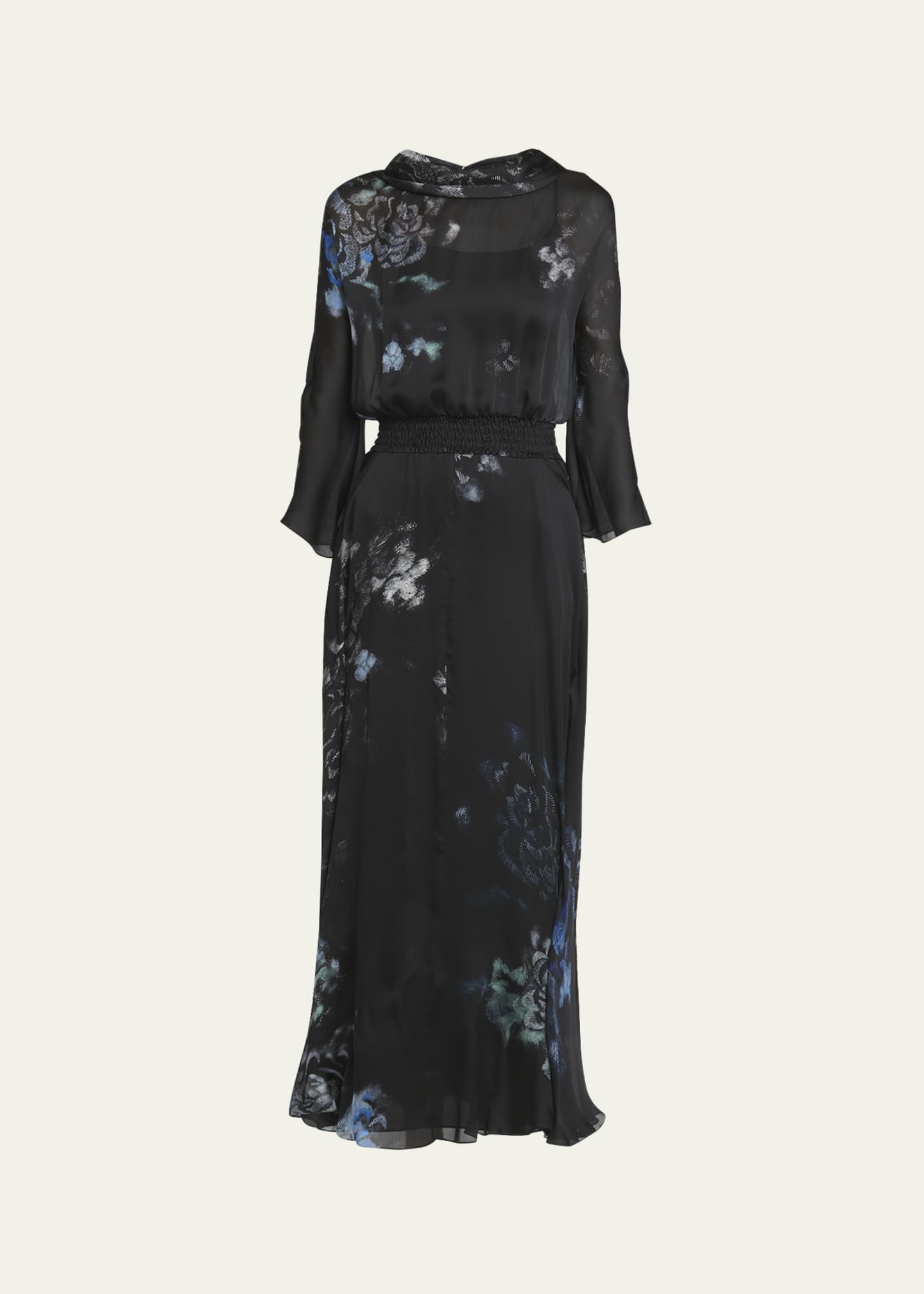 Giorgio Armani Floral Print Silk Gown with Smocked Waist Image 1 of 5
