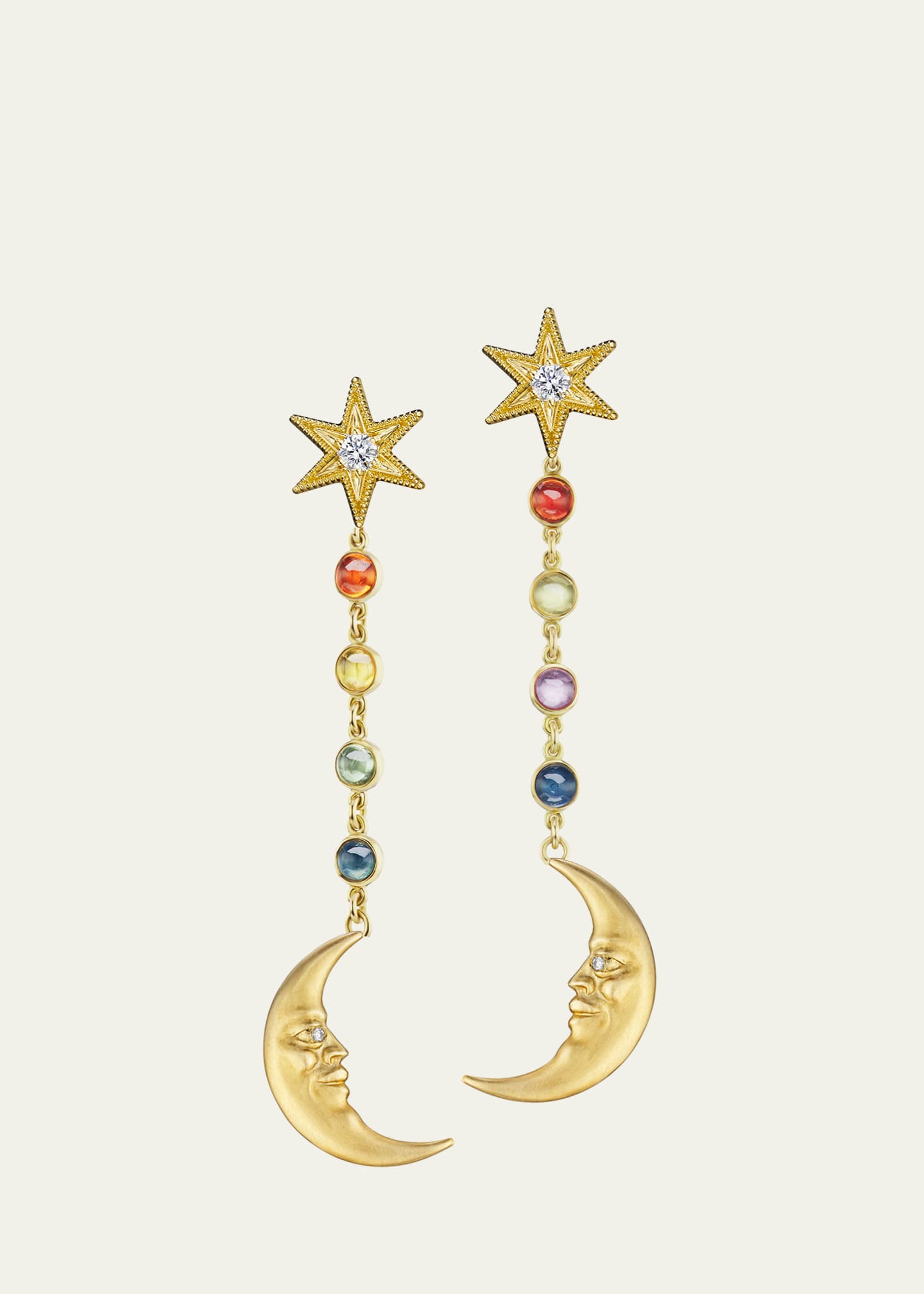 Anthony Lent 18K Yellow Gold Rainbow Sapphire Crescent Moonface Earrings with Diamonds