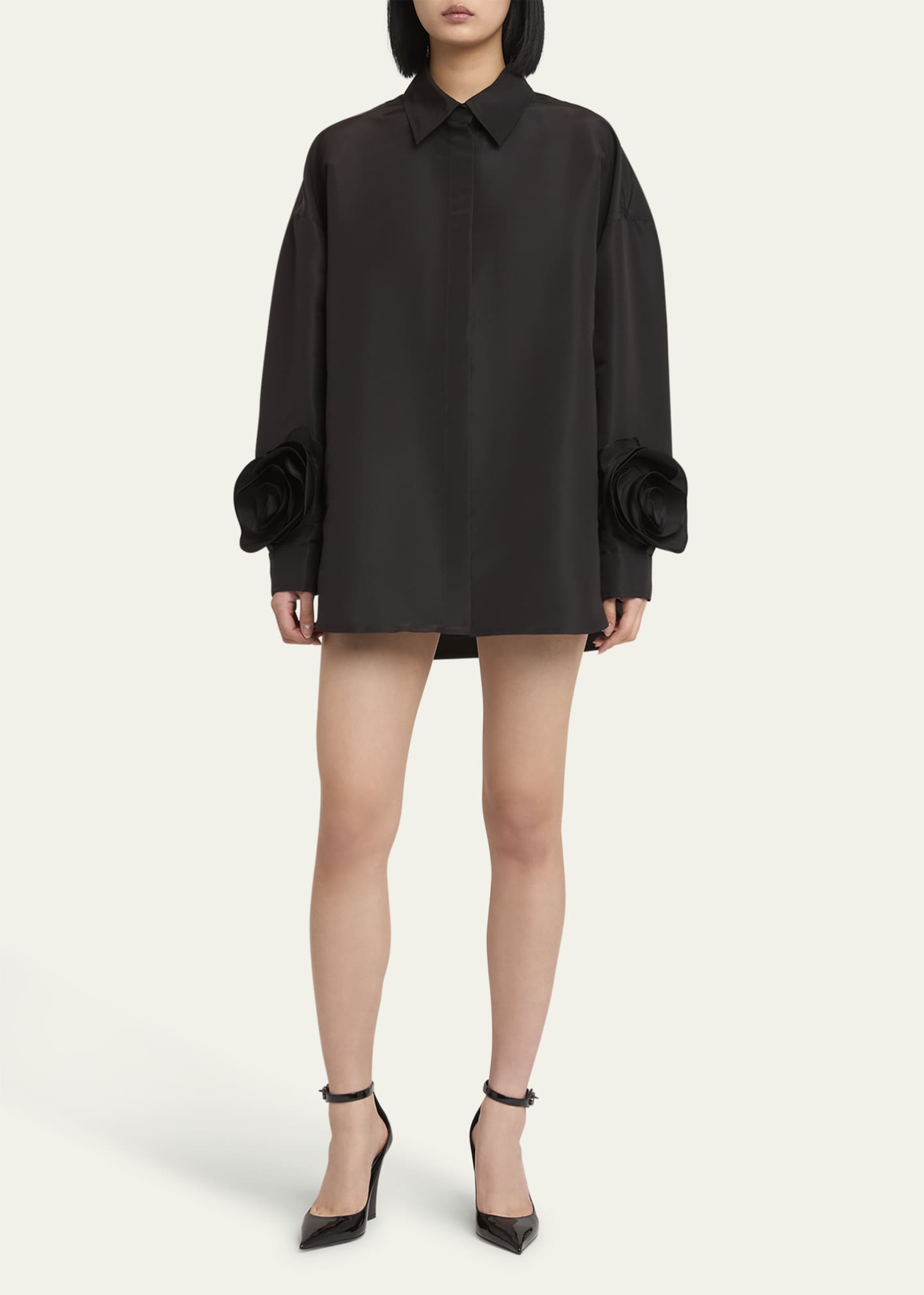Valentino Garavani Rosette Sleeve Button Down Mini Shirt Dress