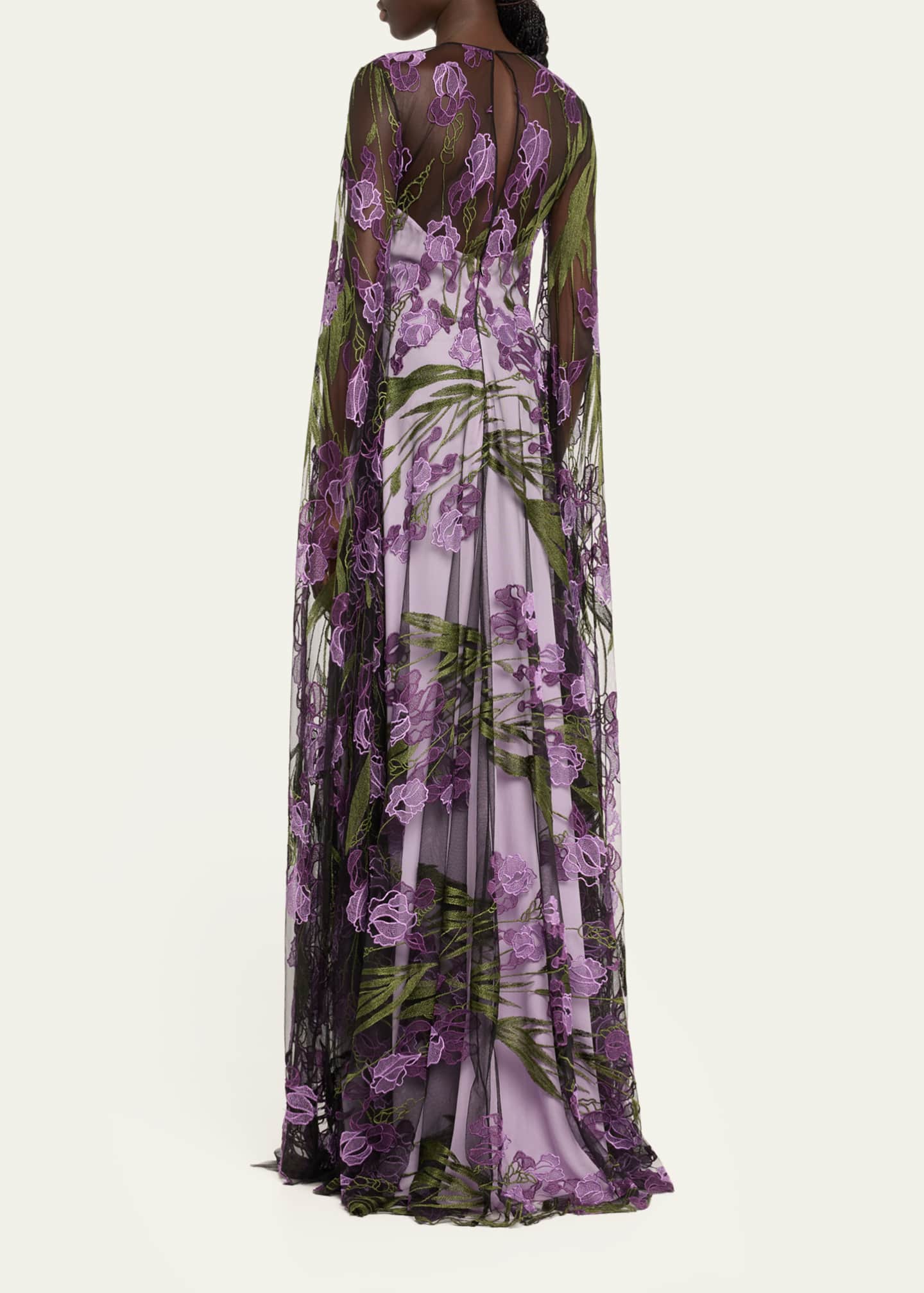 Naeem Khan Floral Lace Embroidered Gown with Cascading Sleeves Image 3 of 5