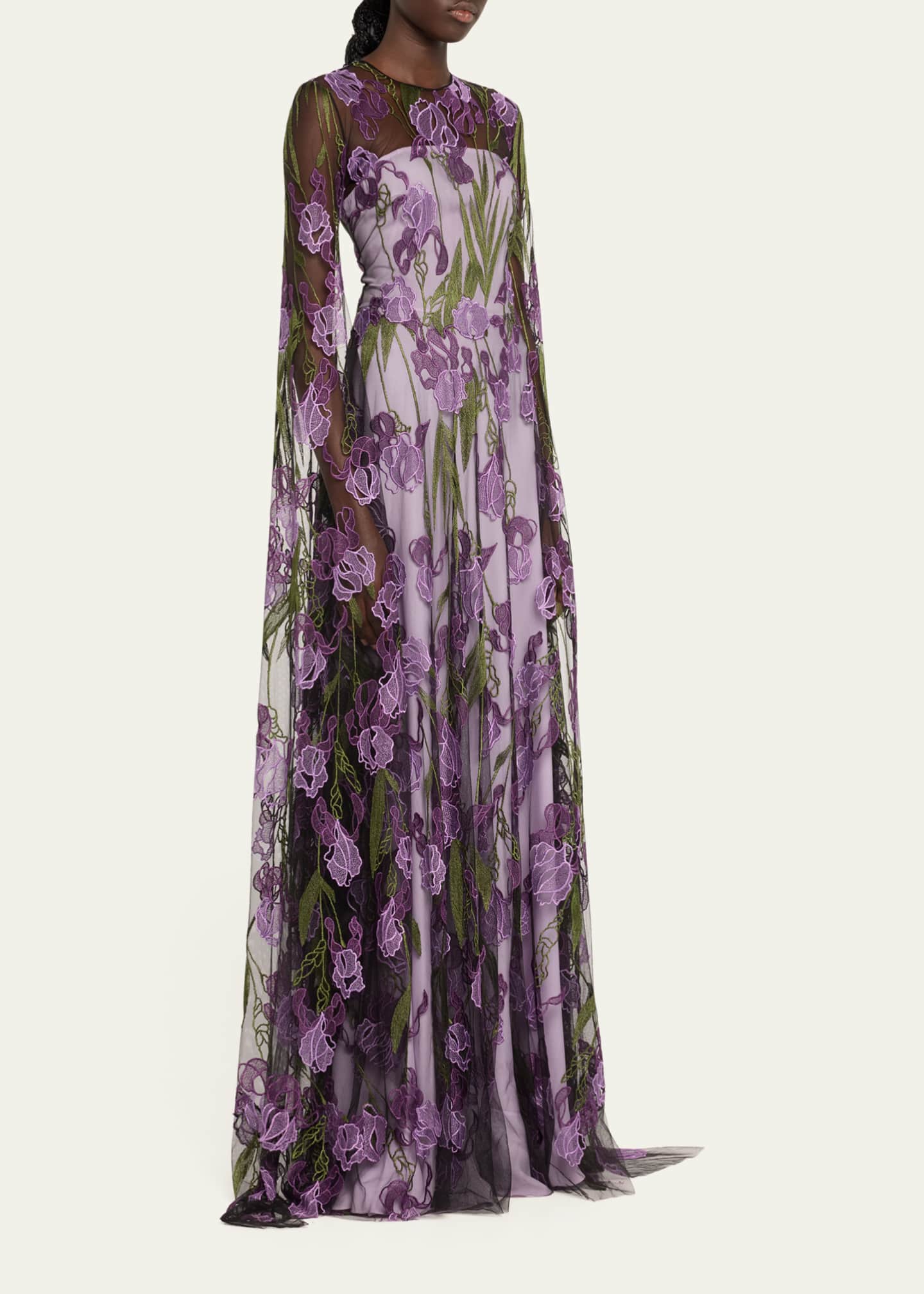 Naeem Khan Floral Lace Embroidered Gown with Cascading Sleeves Image 4 of 5
