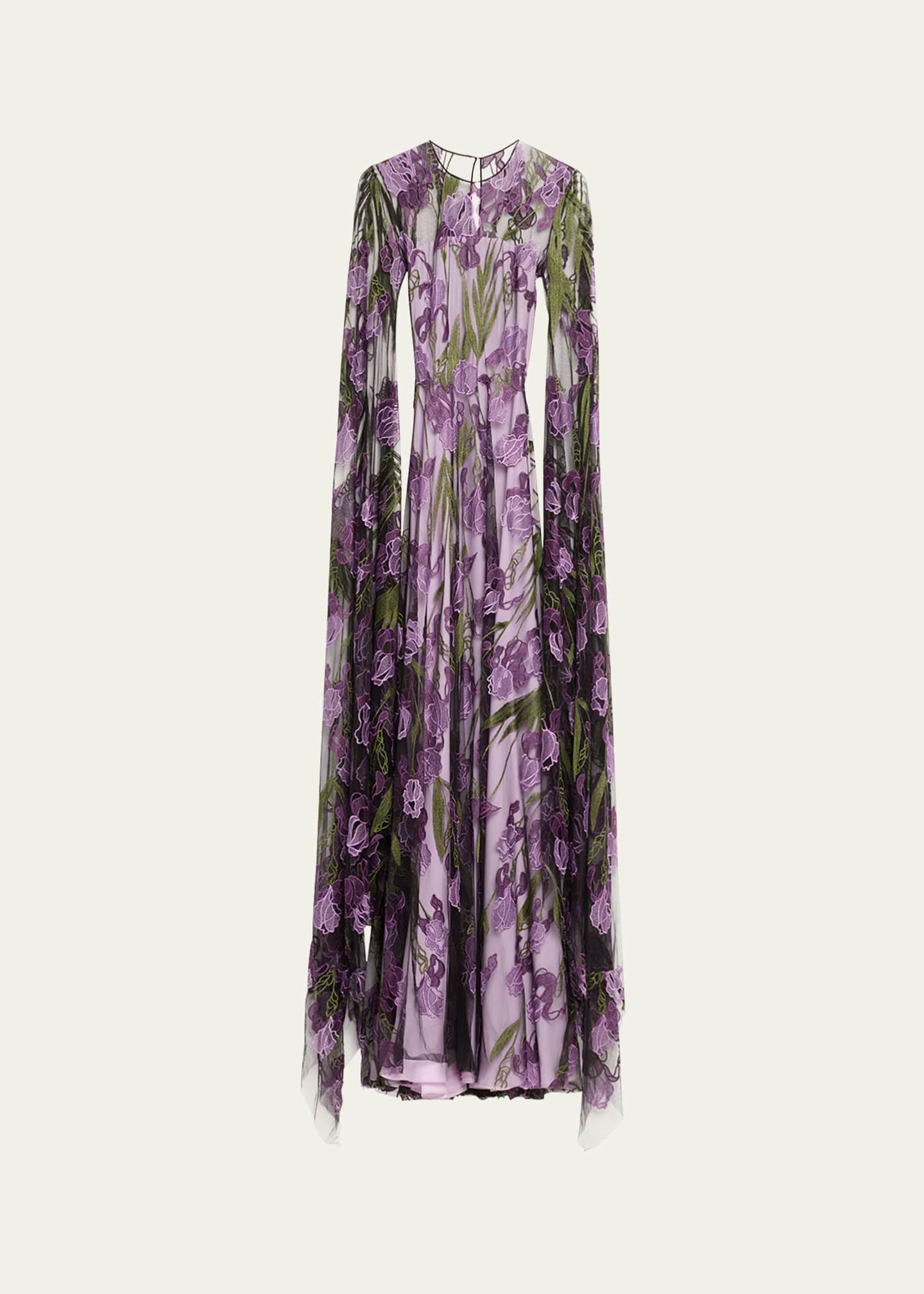 Naeem Khan Floral Lace Embroidered Gown with Cascading Sleeves Image 1 of 5