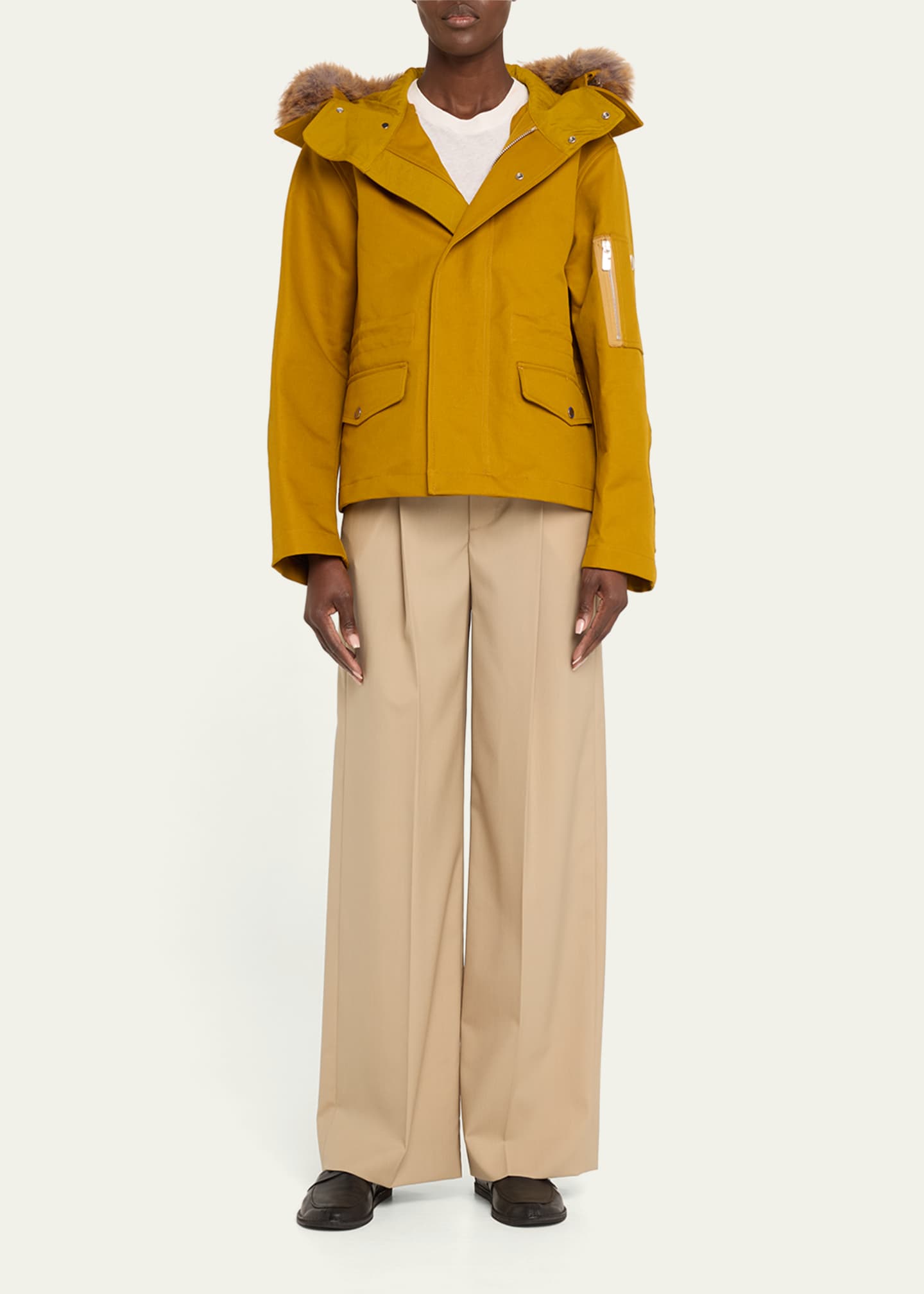 Short Double Cotton Twill Parka with Removable Faux Fur Hood - Thumbnail 2
