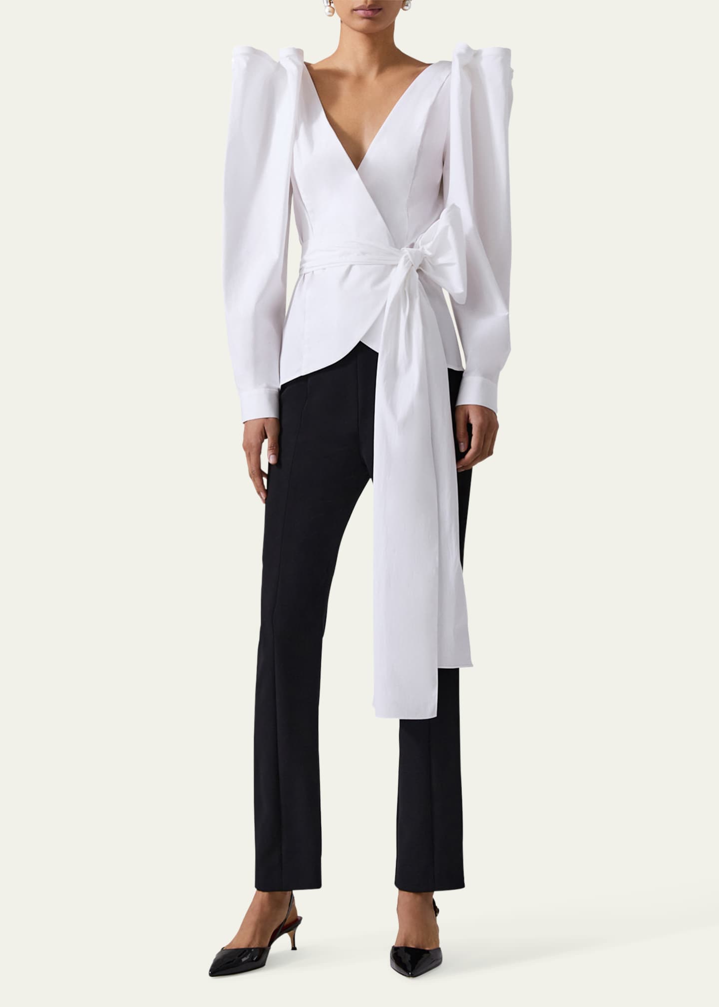 Carolina Herrera Puff Sleeve Wrap Top with Self Belt Image 2 of 4