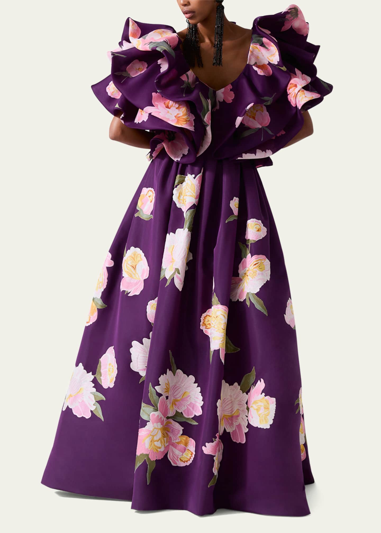 Carolina Herrera Floral V-Neck Folded Ruffle Crop Top - Bergdorf Goodman