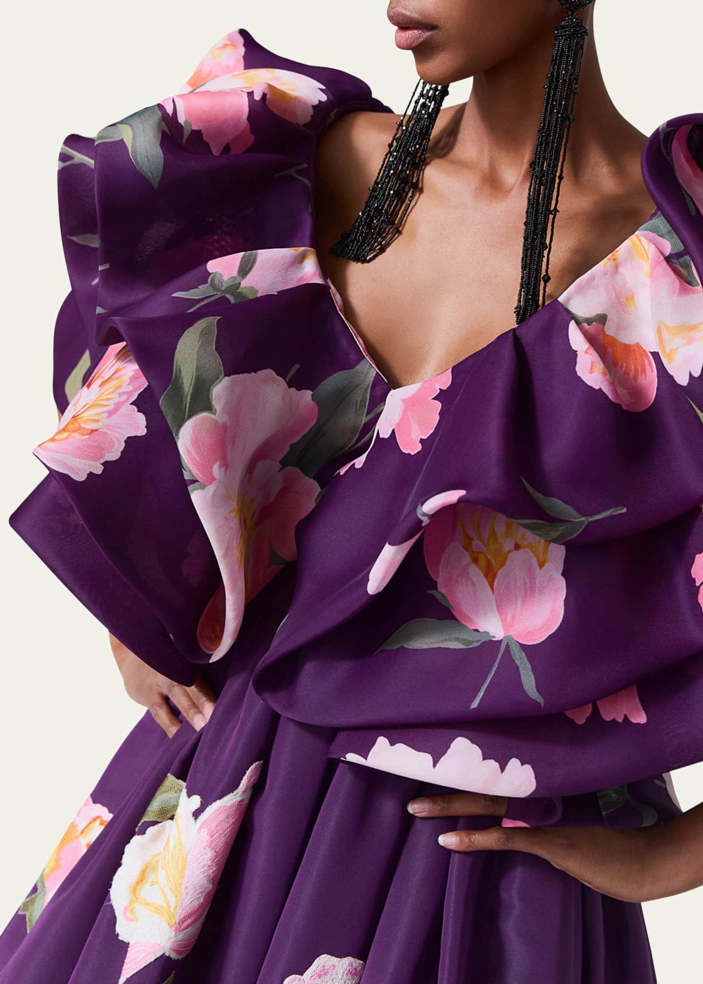 Carolina Herrera Floral V-Neck Folded Ruffle Crop Top - Bergdorf Goodman