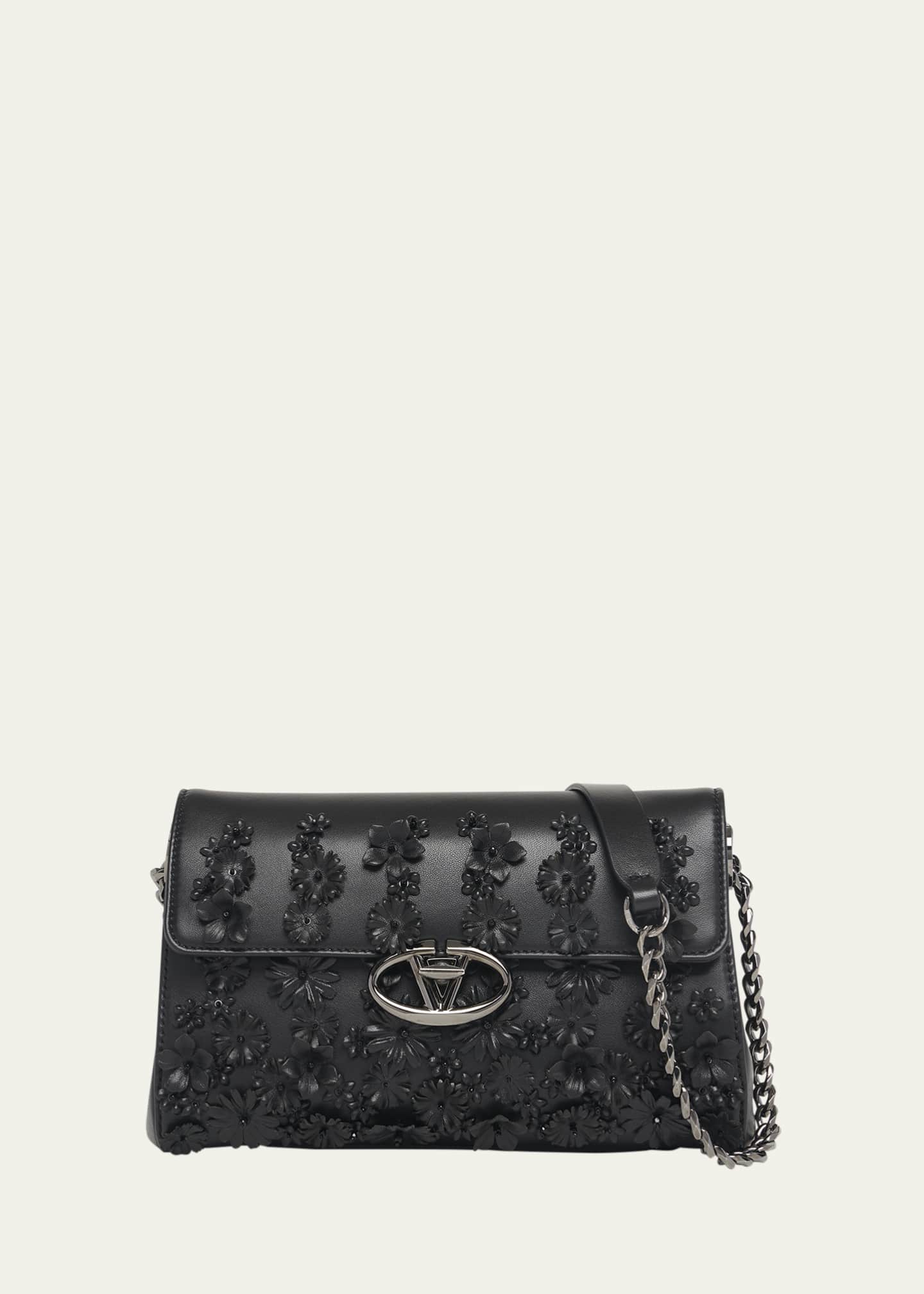 Valentino Garavani Large Vlogo Flower Leather Shoulder Bag Nero Women s Handbags Purses Shoulder Bags