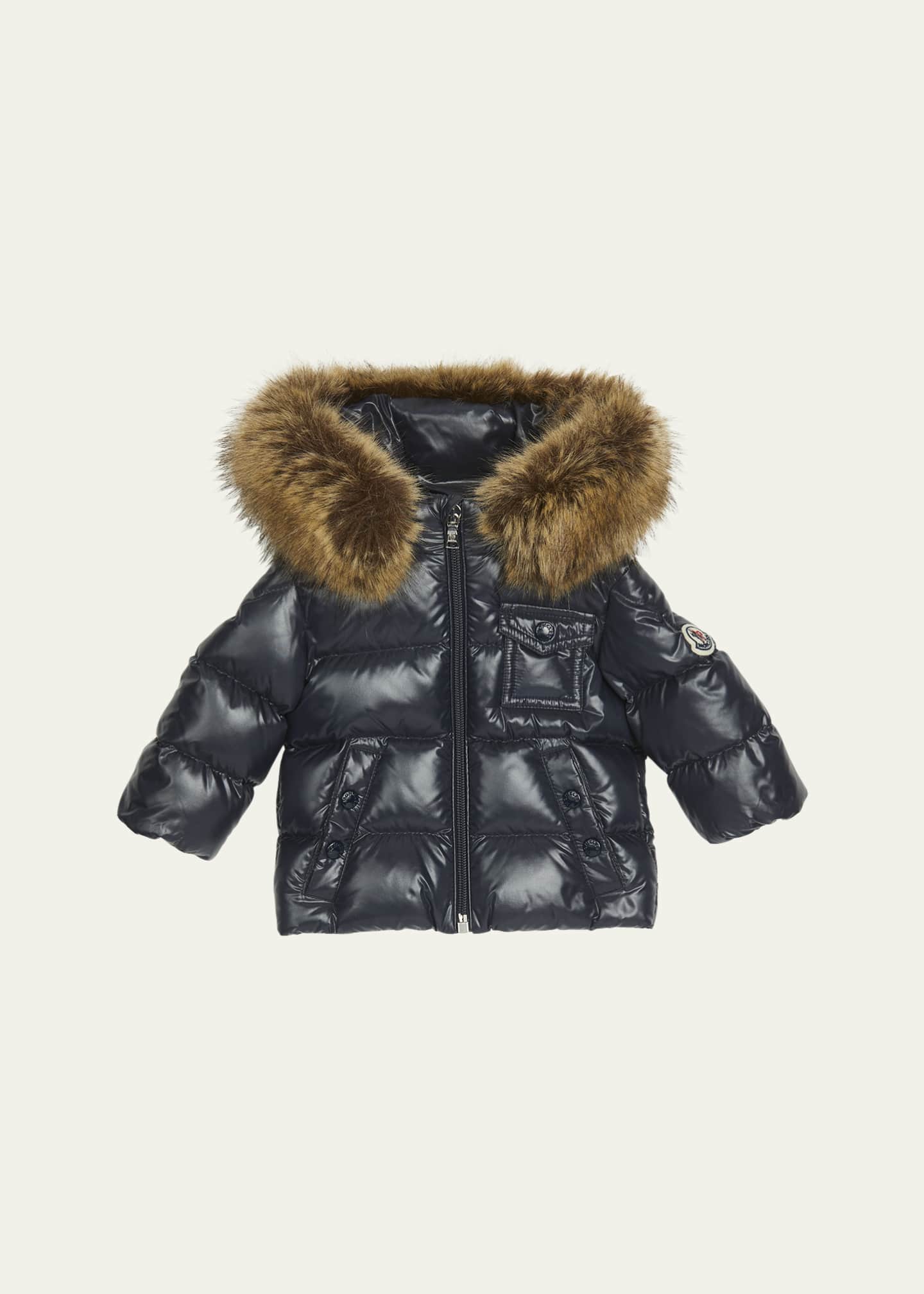 Moncler Kid's Shiny Puffer Jacket W/ Faux Fur Trim, Size 6M-3 Image 1 of 3
