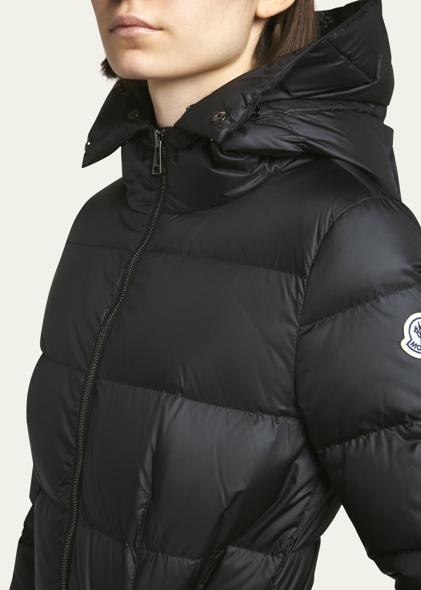 Moncler Boed Short Puffer Jacket with Shearling Hood Trim