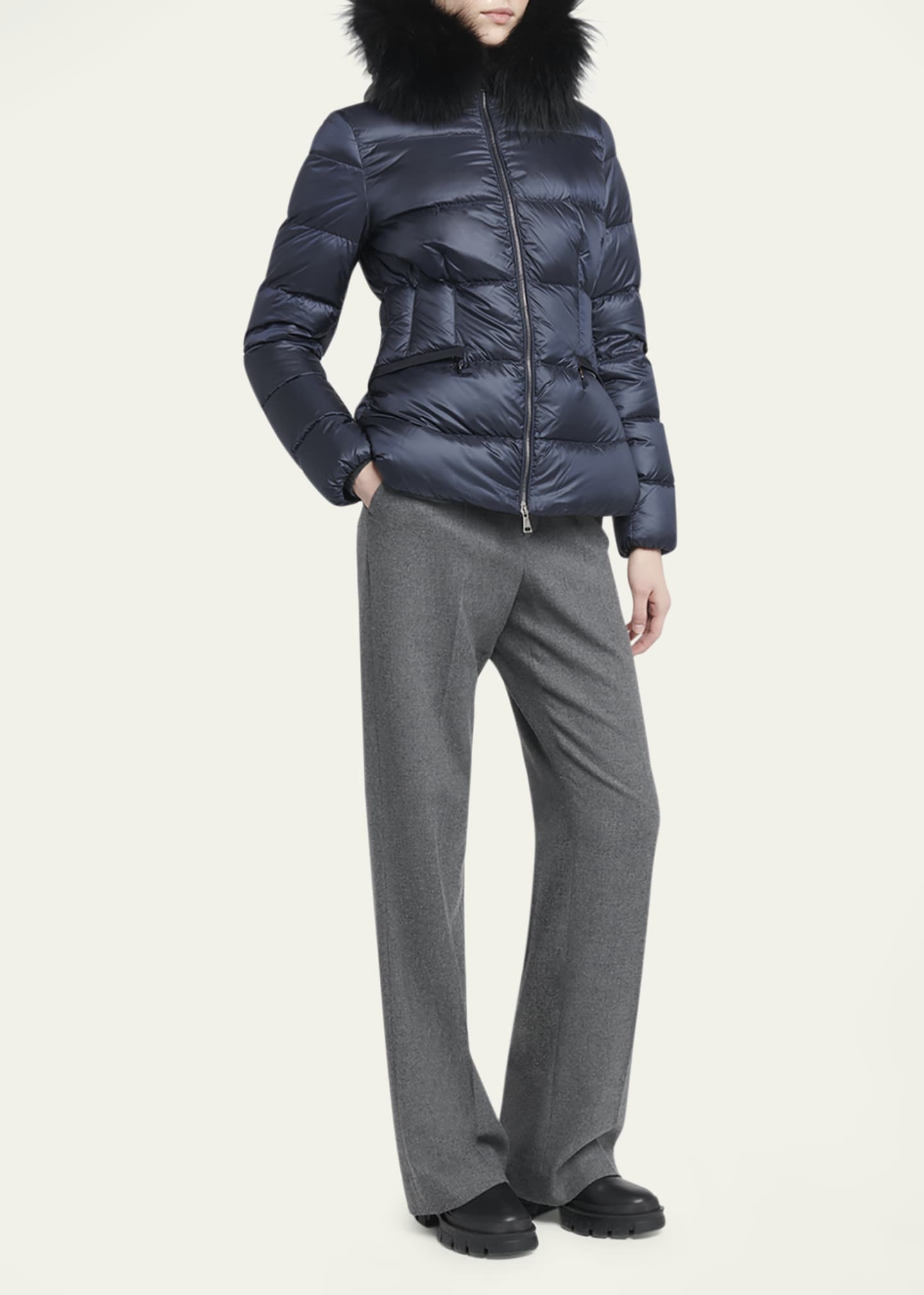 Moncler Boed Short Puffer Jacket with Shearling Hood Trim Image 2 of 5
