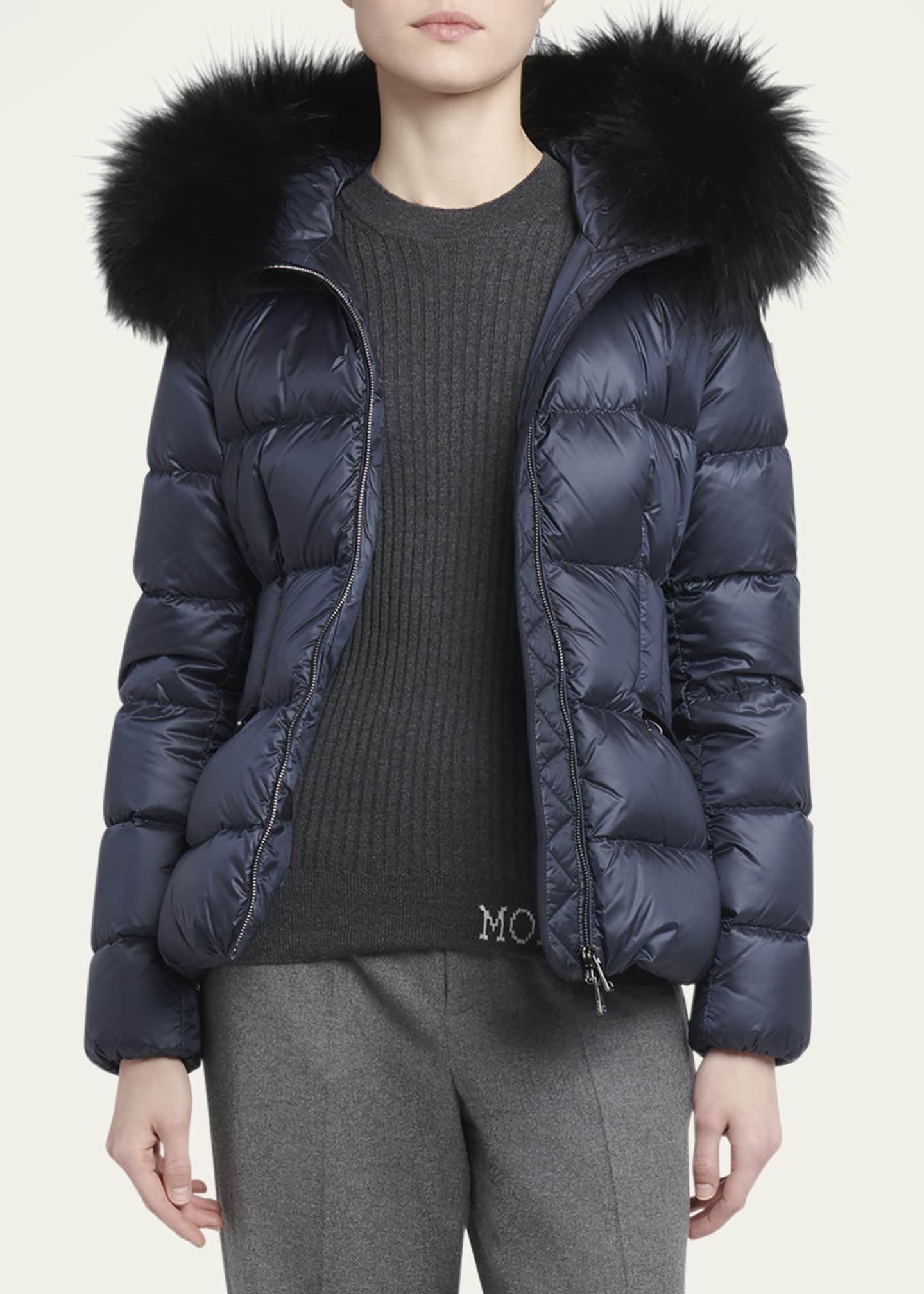 Moncler Boed Short Puffer Jacket with Shearling Hood Trim Image 4 of 5