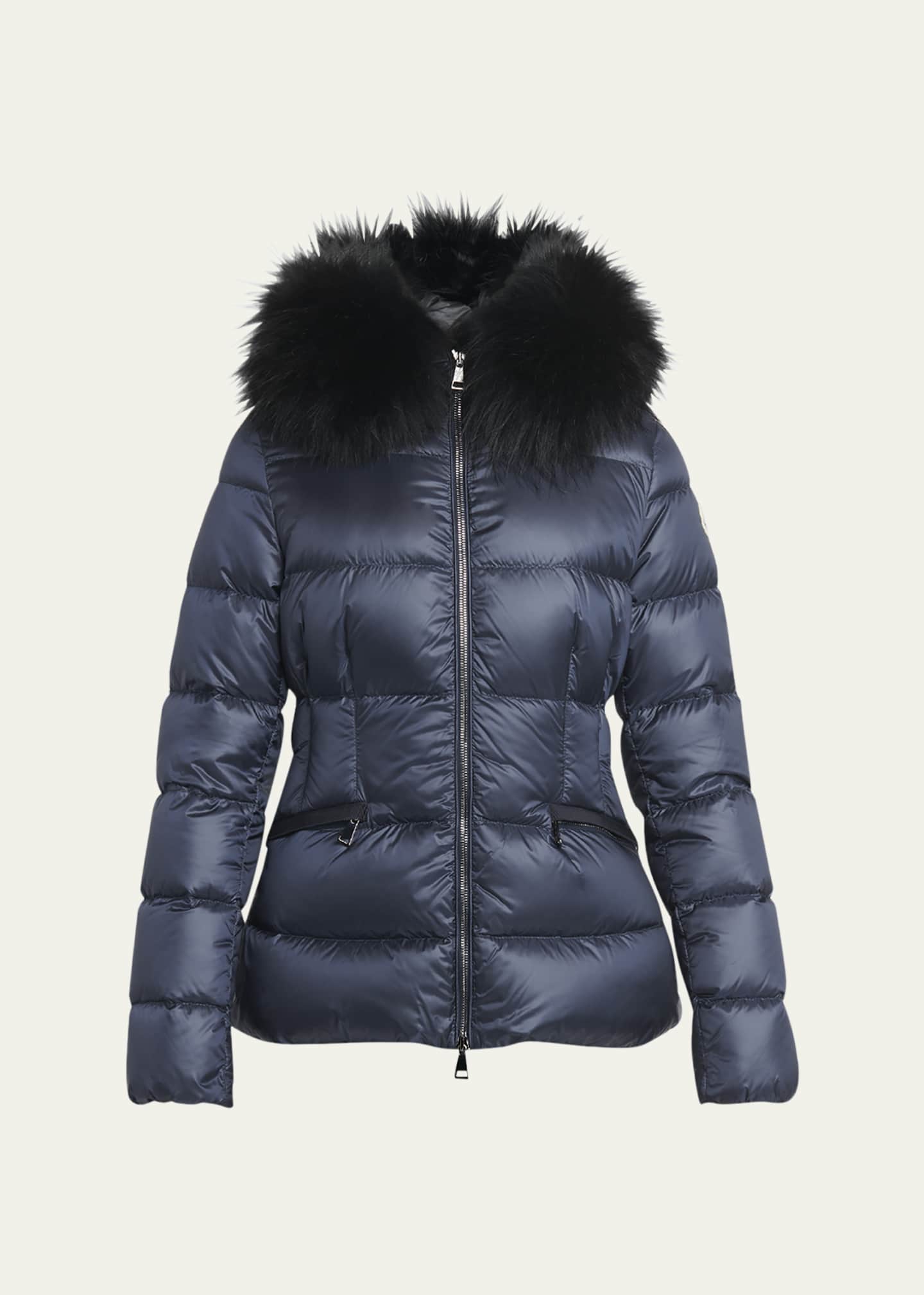 Moncler Boed Short Puffer Jacket with Shearling Hood Trim Image 1 of 5