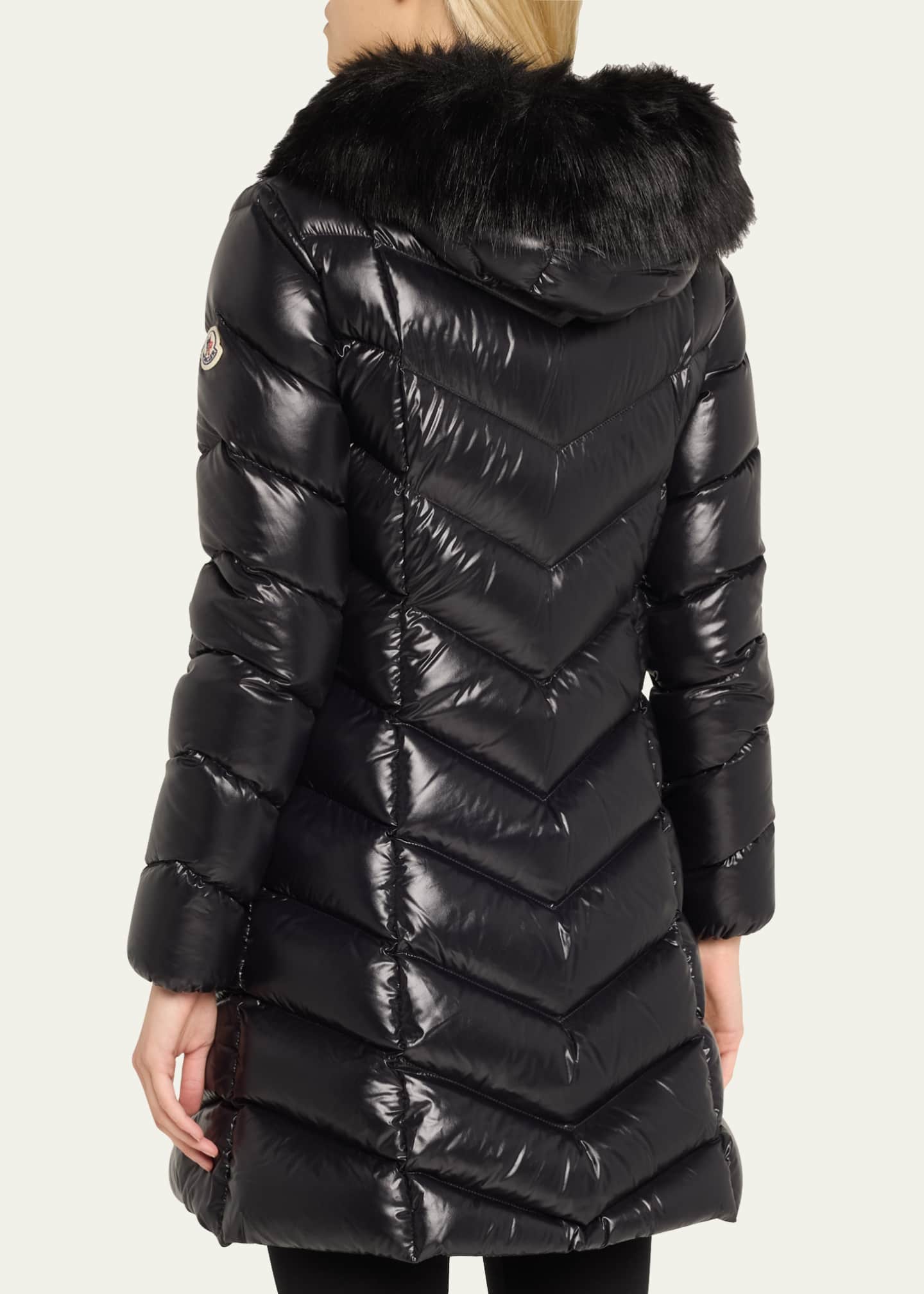 Fulmarus Chevron-Quilted Long Puffer Coat with Faux Fur Trim