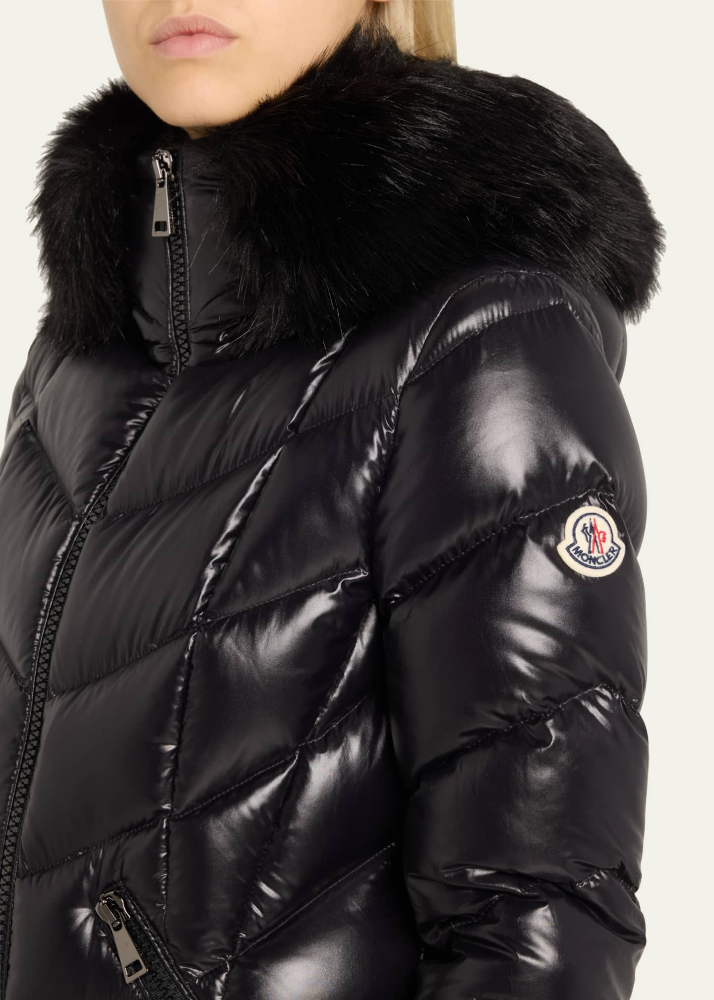 Fulmarus Chevron-Quilted Long Puffer Coat with Faux Fur Trim